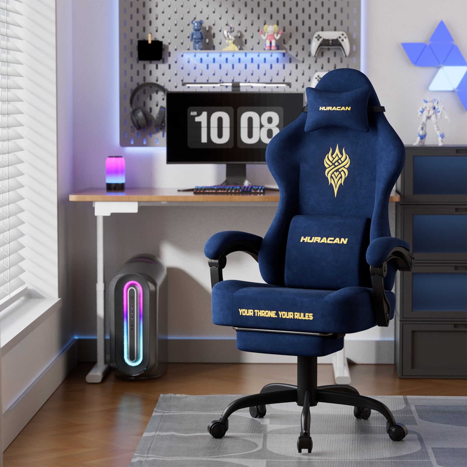 SOONTRANS Blue Gaming Chair for Adult, Velvet Fabric Ergonomic Comfortable Video Gamer Chair with Footrest, Reclining Office Computer Desk Game Chairs with Massage Lumbar Cushion, Headrest