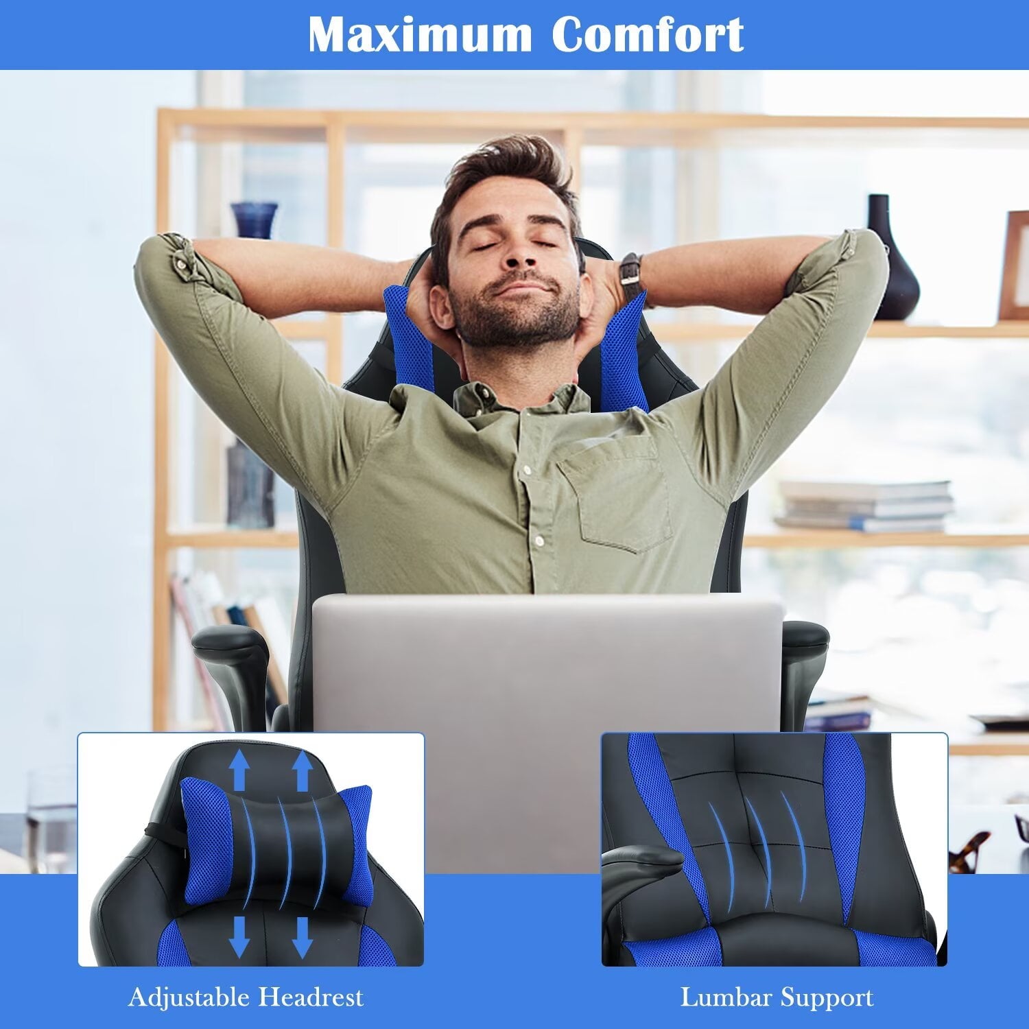 YRLLENSDAN Reclining Racing Gaming Chair with Lumbar Support, Leather Ergonomic Office Chair with Flip-up Armrest, Adjustable Computer Desk Chairs for Adults With Headrest., Blue