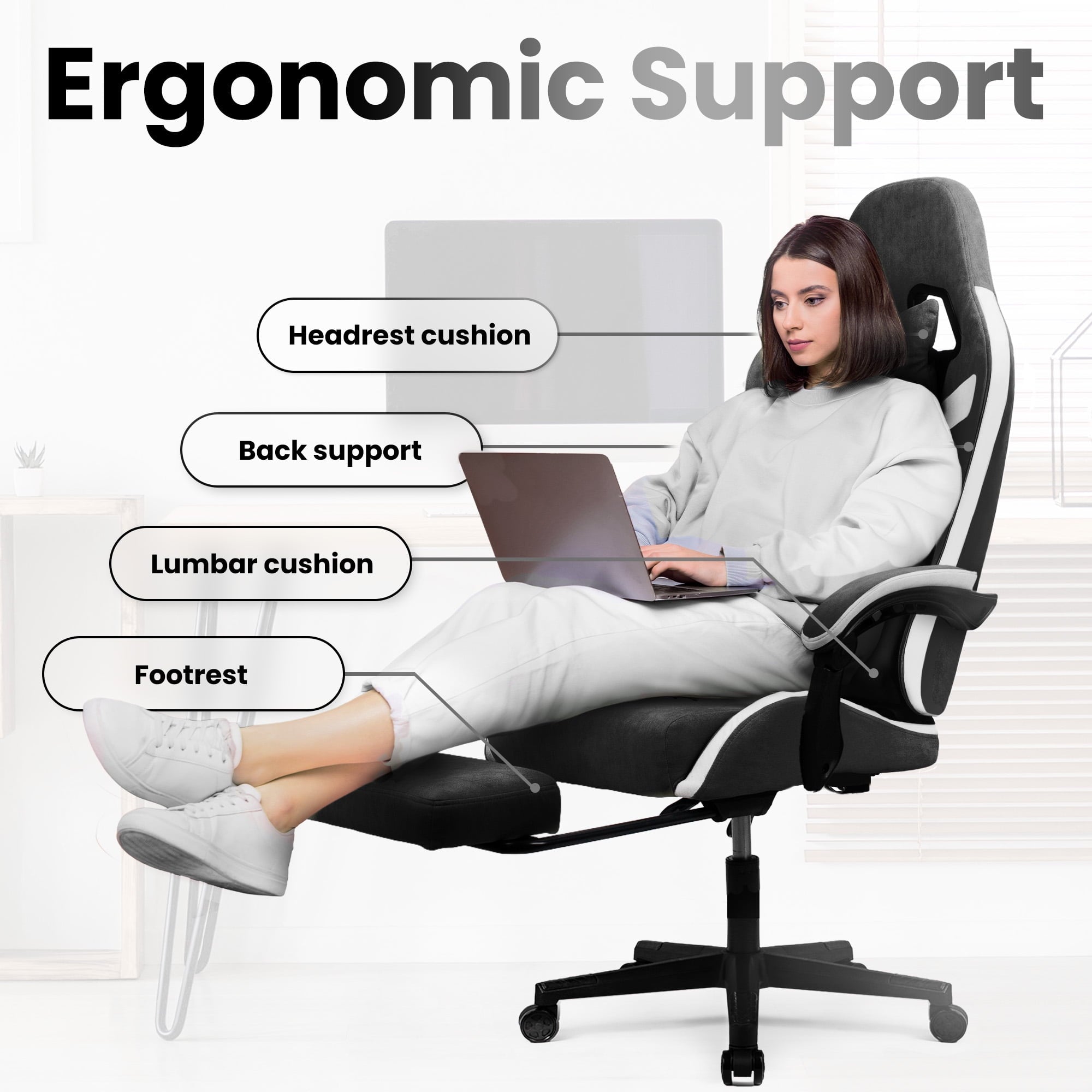 CELTOSS Black Fabric Gaming Chair with Footrest, Comfortable Computer Office Chair with Lumbar Cushion, High Back Gamer Game Chair for Adult, Reclining Video Desk Chair