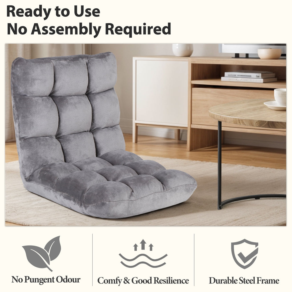 HomGarden 14-Position Adjustable Floor Chair Padded Folding Gaming Sofa Chair Grey 18.5”W x 19.3”D x 18”H