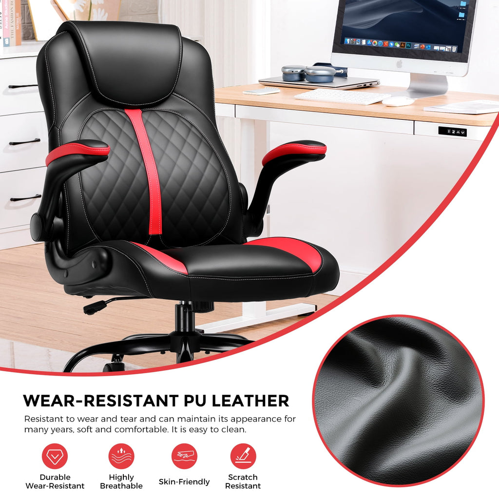 GTPLAYER Adjustable Height Video Gaming Computer Chair with Rocking Function and Flip-up Armrest, Red