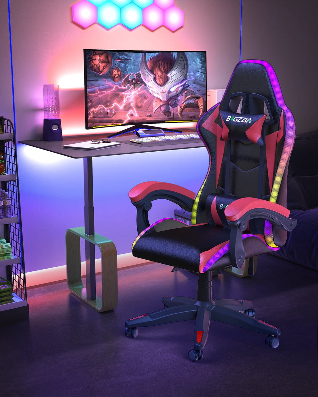 Bigzzia Gaming Chair with LED Lights,Ergonomic Office Computer Chair with Headrest Support, PU Leather, Height Adjustable, 360° Swivel, Suitable for Adults and Kids, Red