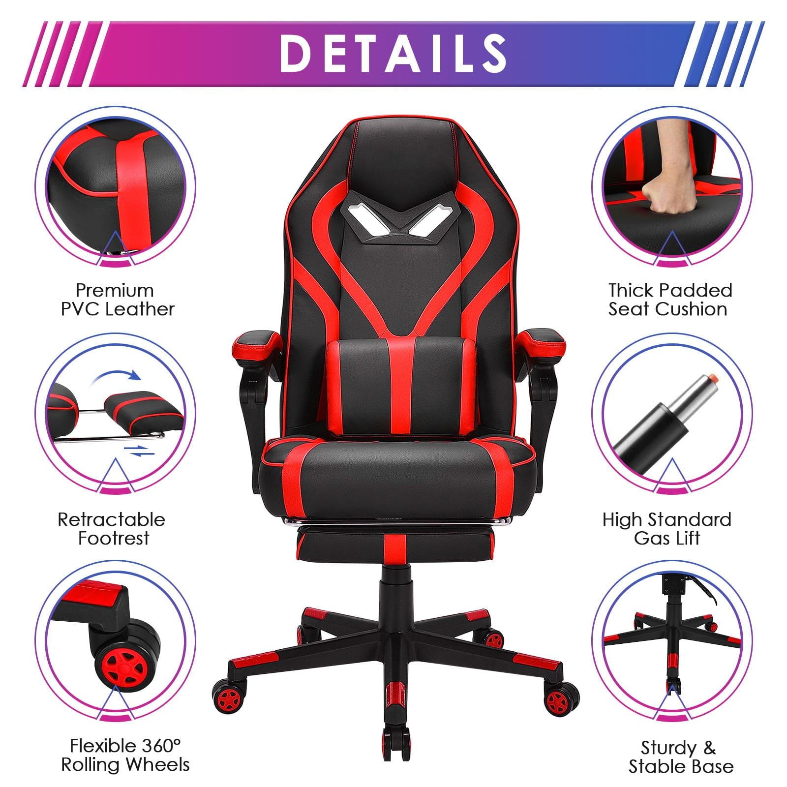 Giantex  Gaming Chair,  Ergonomic Recliner Chair w/Massage Lumbar Pillow, Adjustable Backrest, Footrest & Wheels, Racing Style Video Chair for Home Office, Red