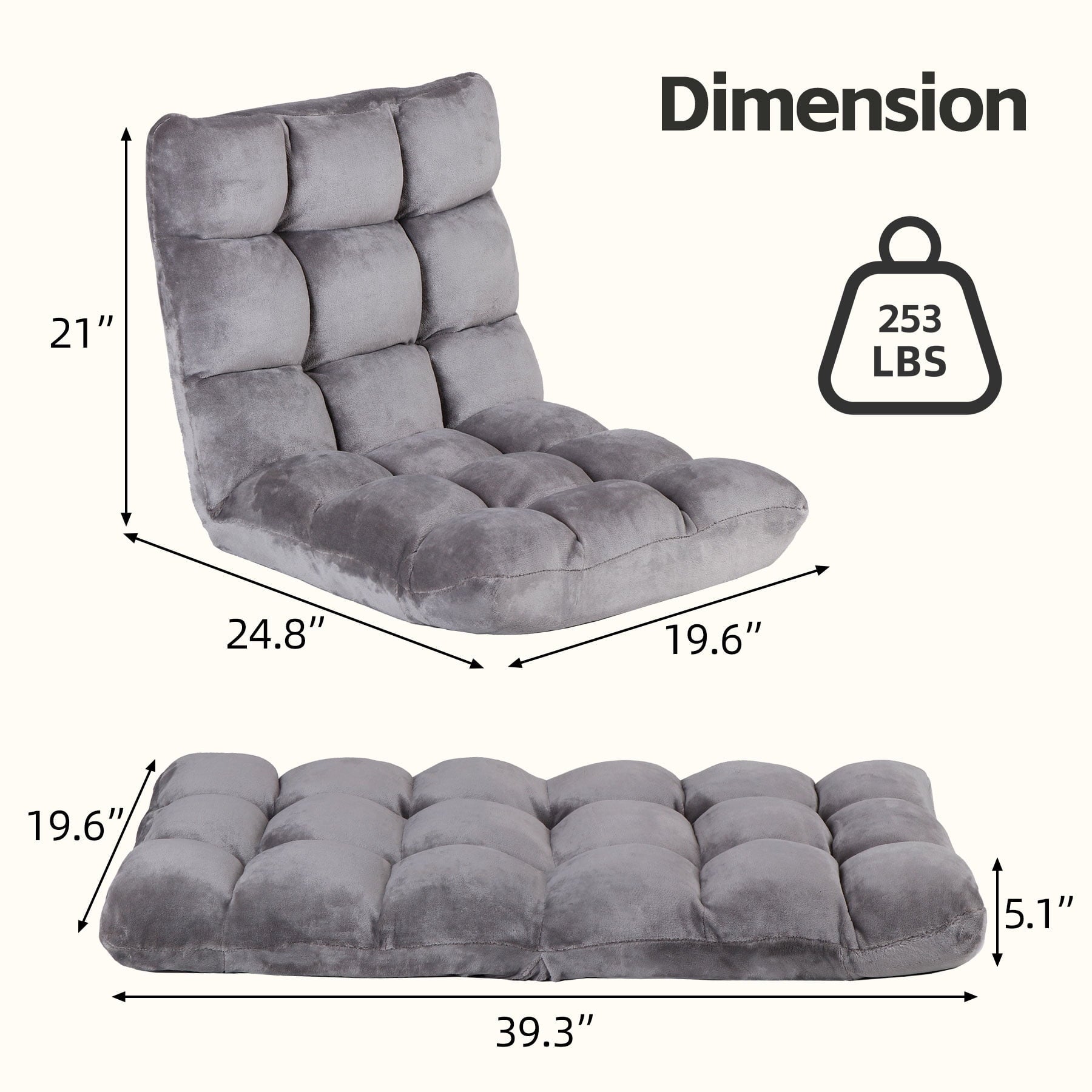 HomGarden 14-Position Adjustable Floor Chair Padded Folding Gaming Sofa Chair Grey 18.5”W x 19.3”D x 18”H