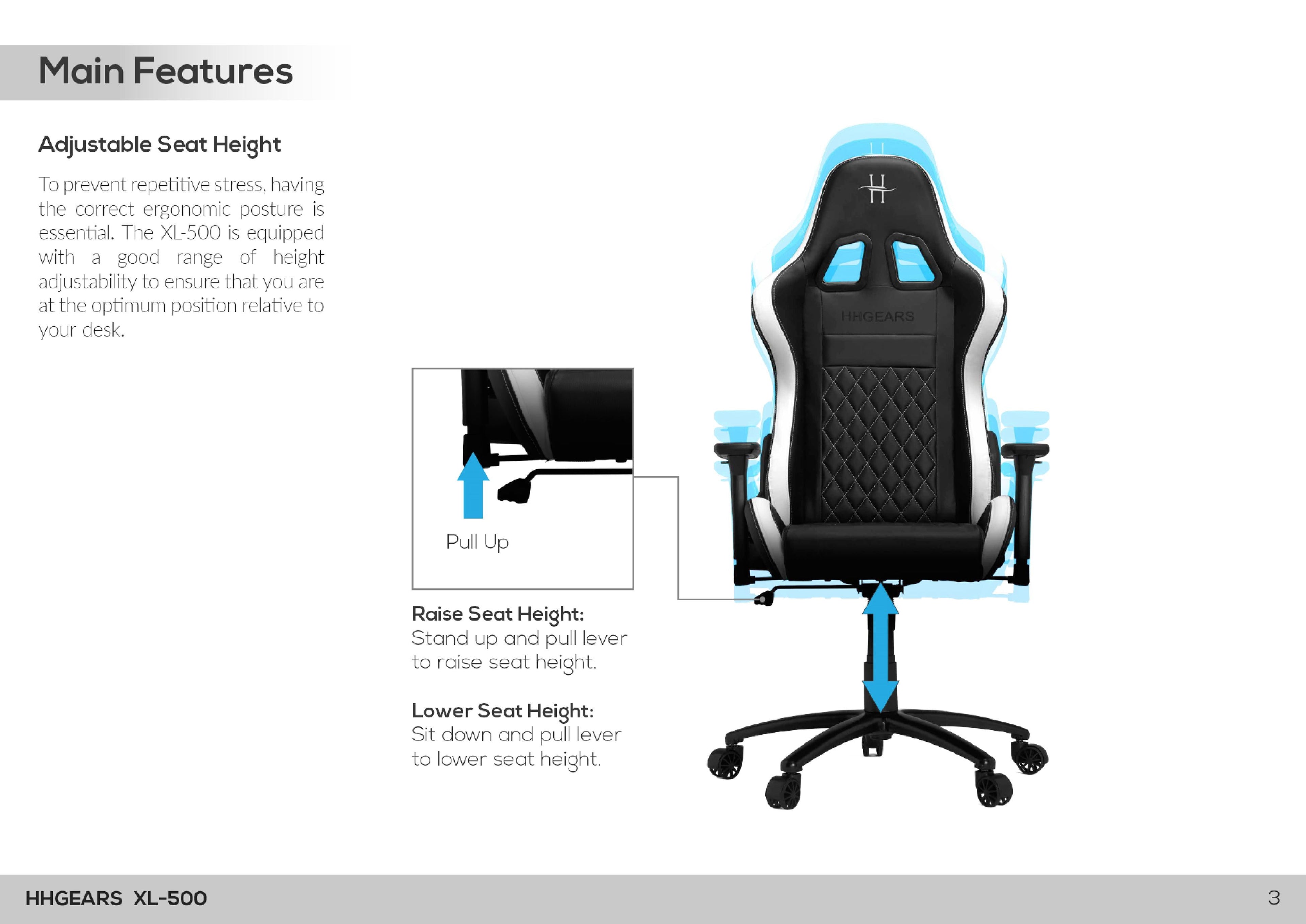 HHGears XL 500 Series Gaming Chair Black and Blue with Headrest/Lumbar Pillows
