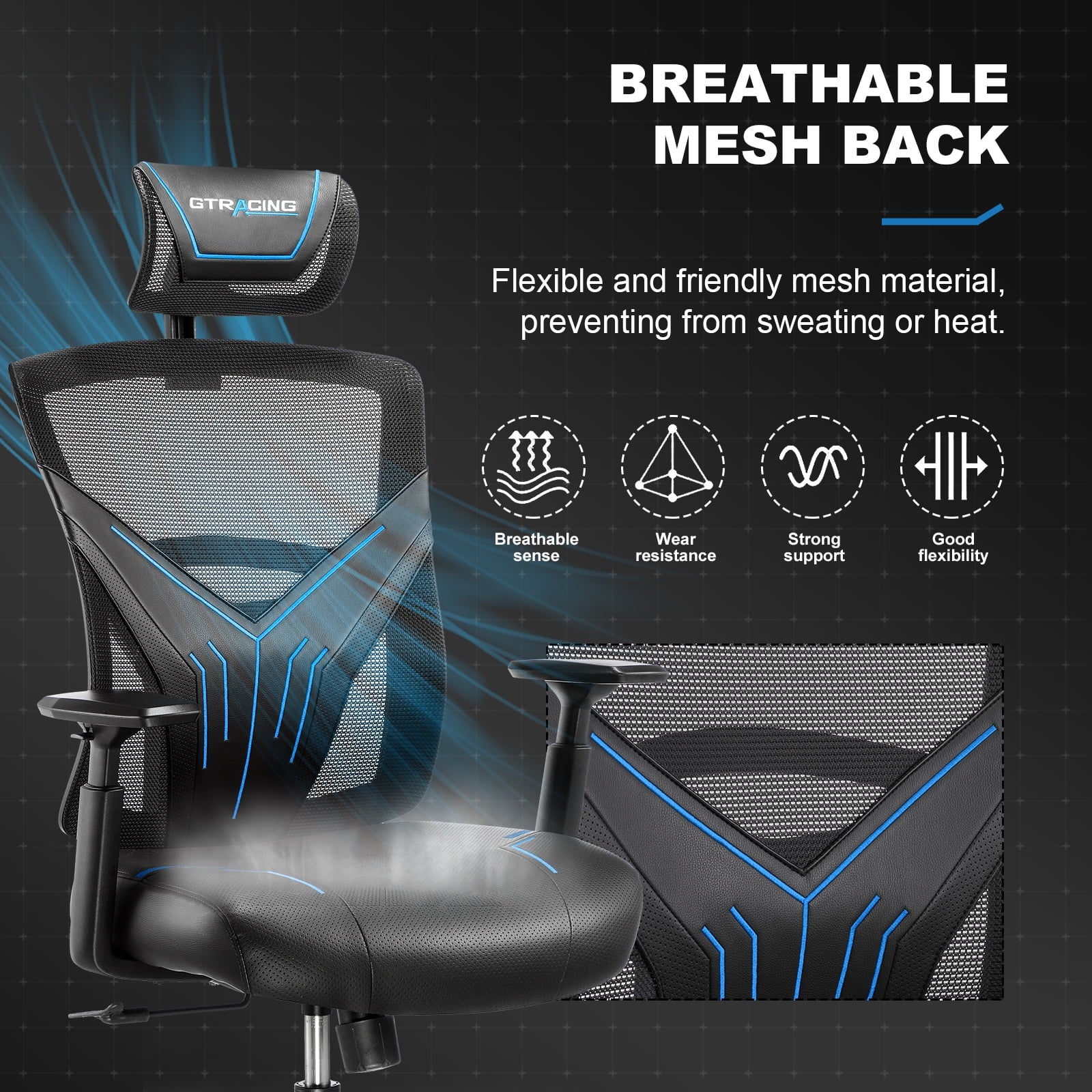 GTRACING Gaming Chair, Computer Chair with Mesh Back, Ergonomic Video Game Chair, Reclining Gaming Chair, Blue