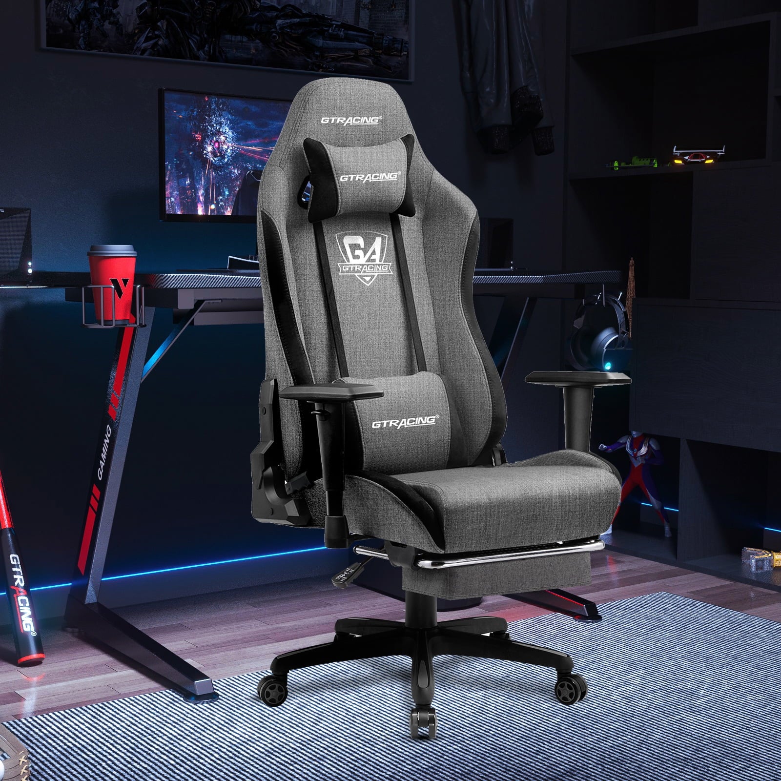 GTRACING Fabric Adjustable Height Reclining Gaming Office Chair with Footrest, Gray