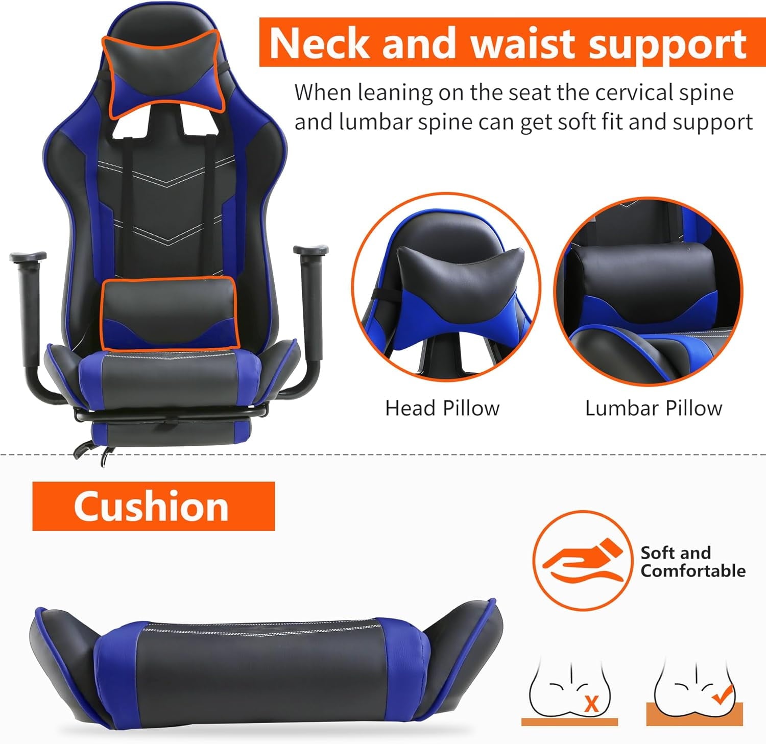 PayLessHere Blue Gaming Chair - Ergonomic PU Leather w/Lumbar Support & Footrest