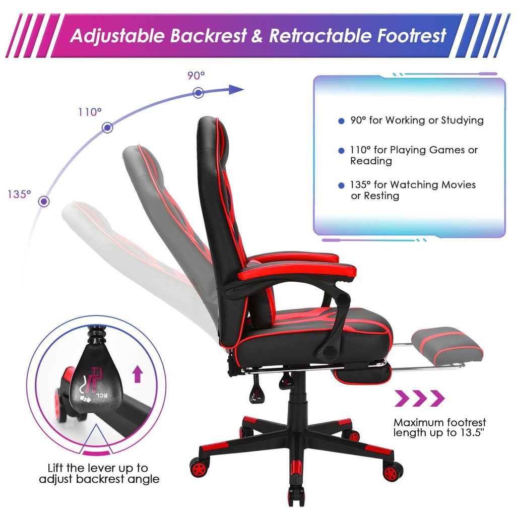 Giantex  Gaming Chair,  Ergonomic Recliner Chair w/Massage Lumbar Pillow, Adjustable Backrest, Footrest & Wheels, Racing Style Video Chair for Home Office, Red