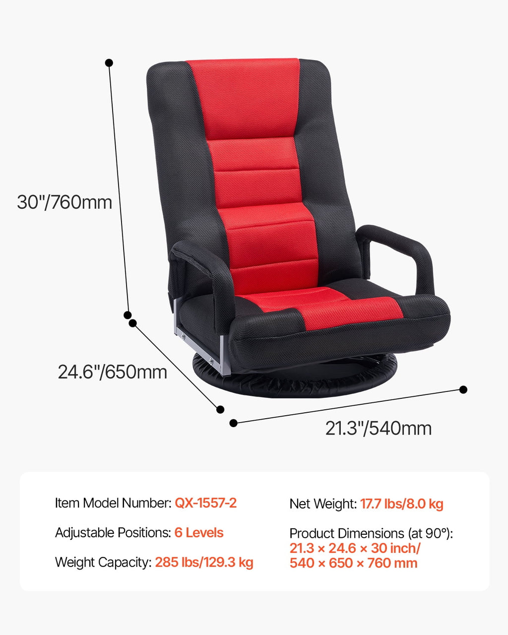 VEVOR Swivel Floor Gaming Chair with Armrests, 360-Degree Rotating Floor Chair with 6 Adjustable Position Folding Backrest and Lumbar Support, Folding Video Reclining Sofa for TV Reading, Red Black