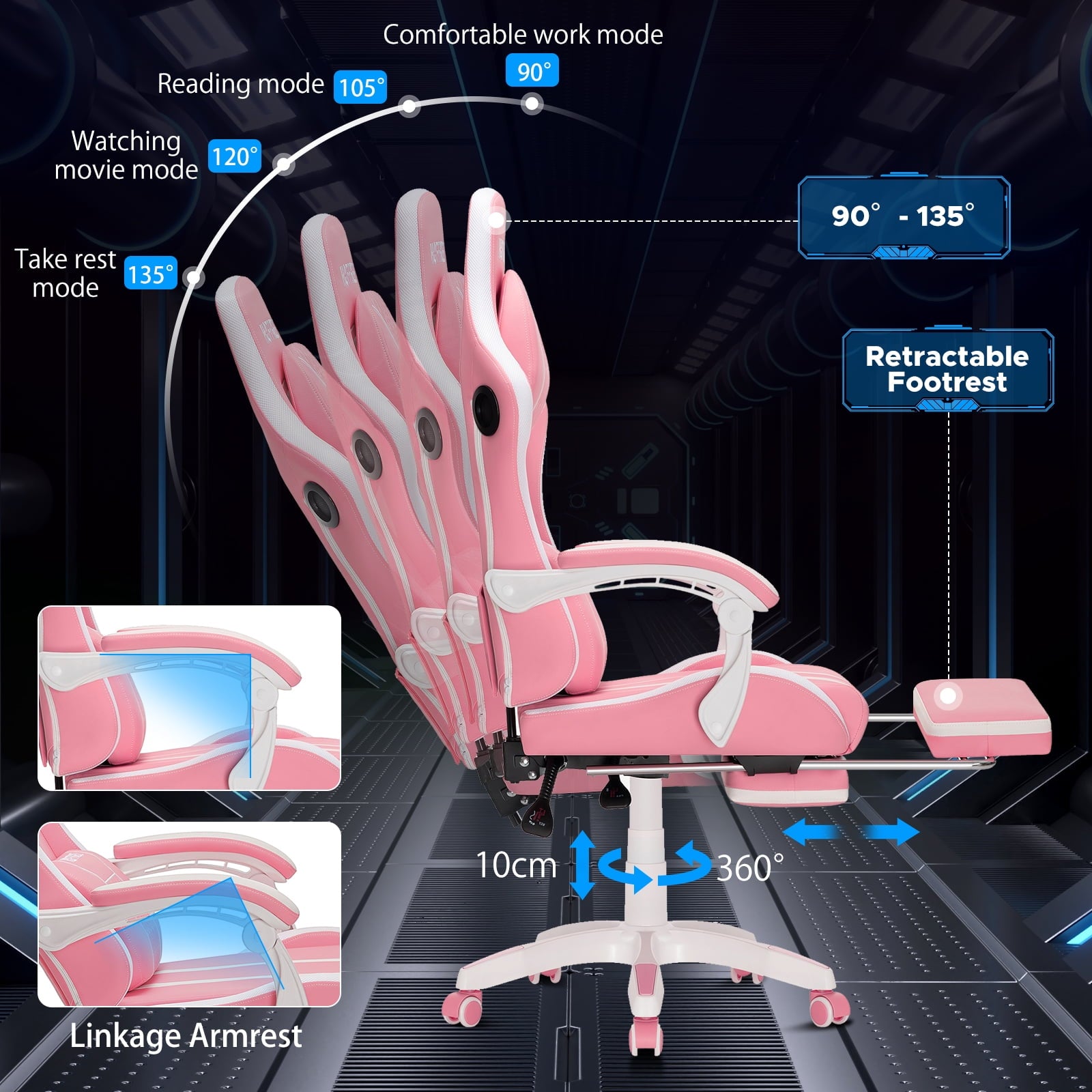 Hoffree Big and Tall Gaming Chair with Speakers Massage Office Chair Adjustable Lumbar Support Linkage Armrest for Home Office