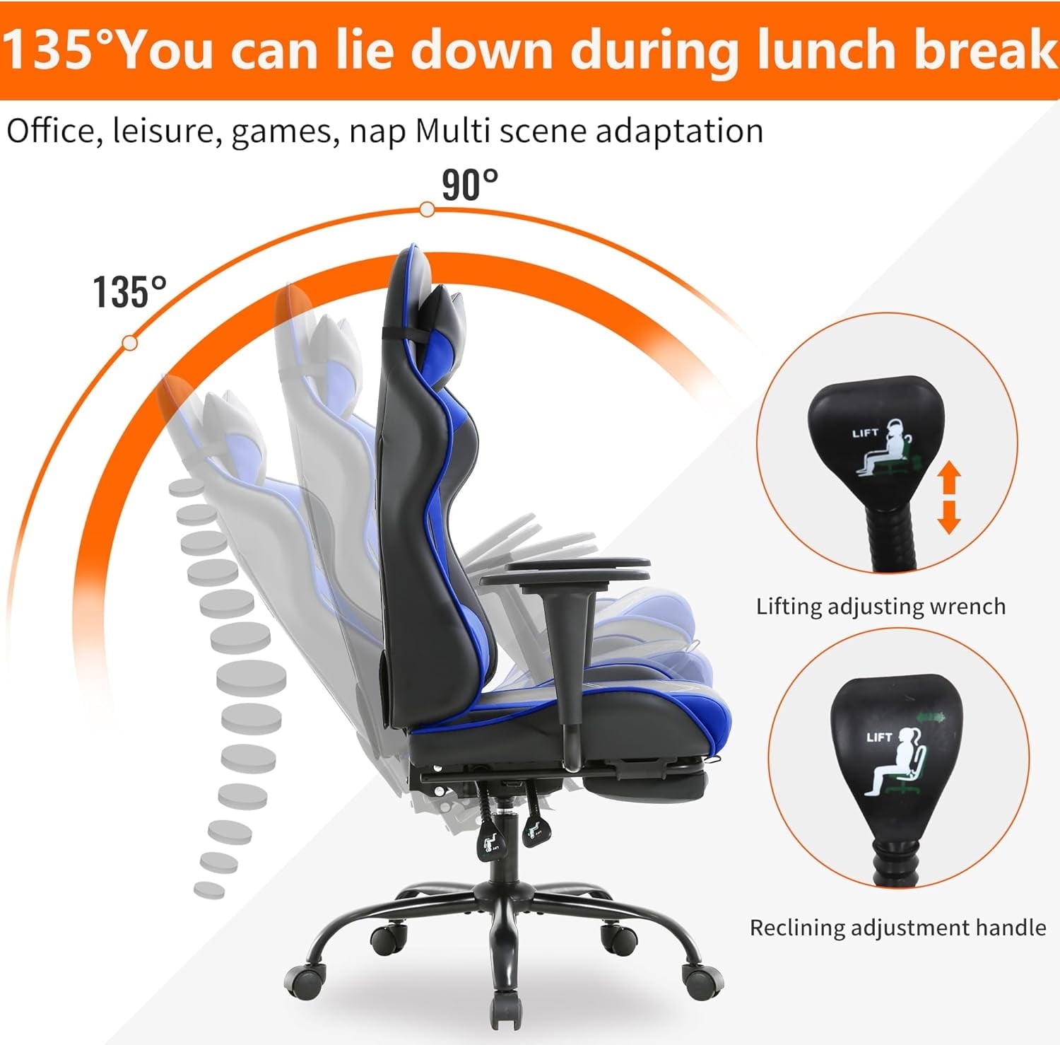 PayLessHere Blue Gaming Chair - Ergonomic PU Leather w/Lumbar Support & Footrest