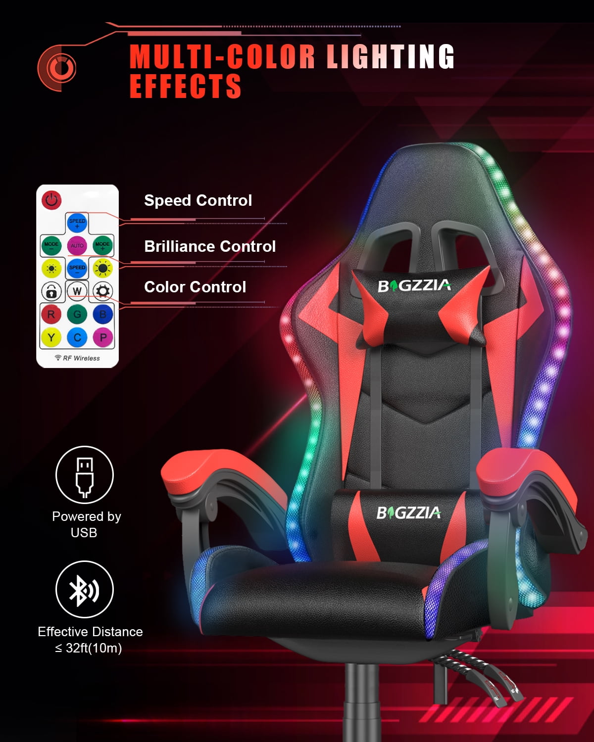 Bigzzia Gaming Chair with LED Lights,Ergonomic Office Computer Chair with Headrest Support, PU Leather, Height Adjustable, 360° Swivel, Suitable for Adults and Kids, Red