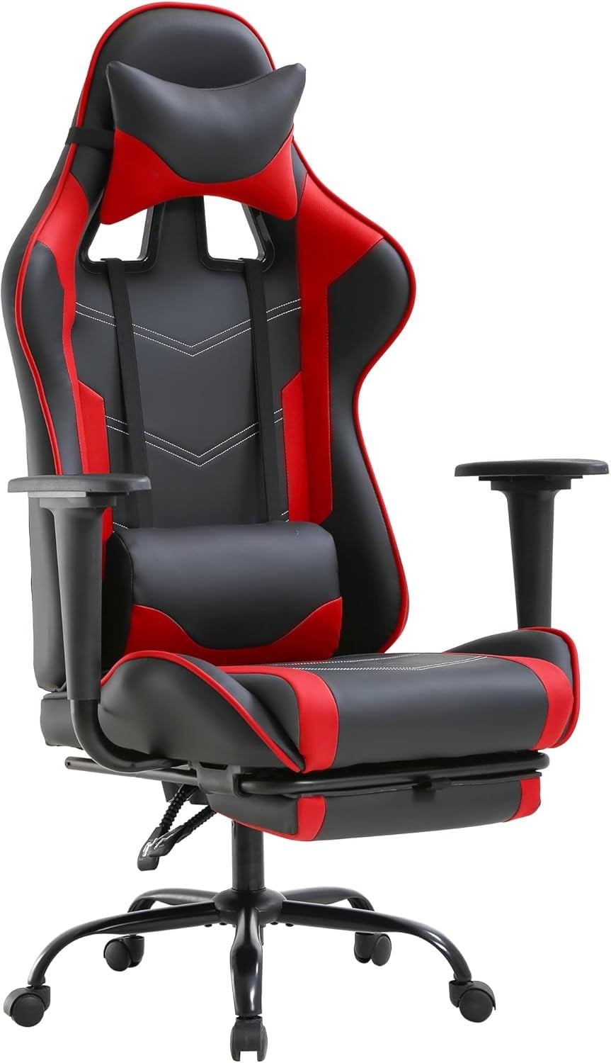 PayLessHere Red Gaming Office Chair - Ergonomic PU Leather w/Lumbar Support & Footrest，Rolling Swivel
