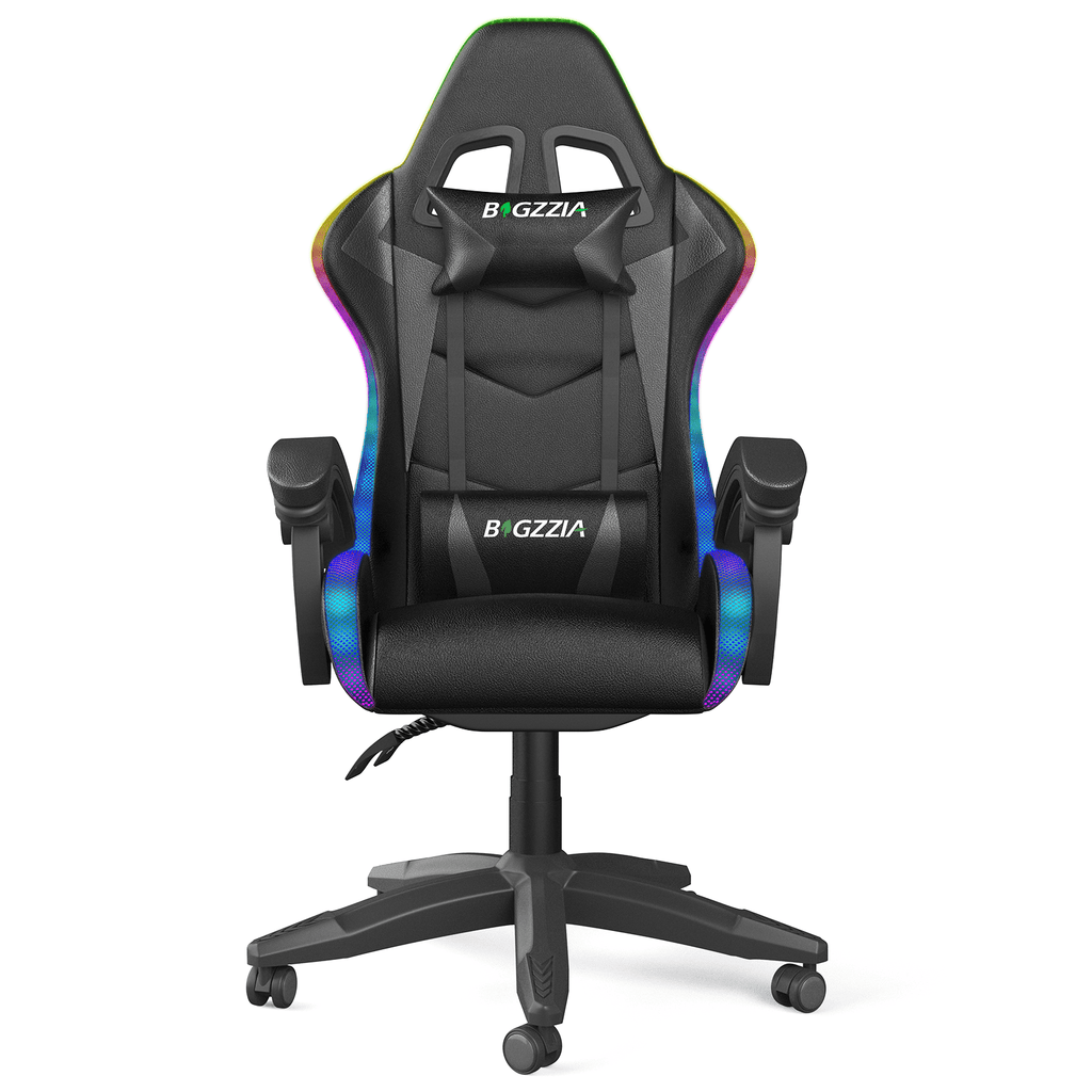 Bigzzia Gaming Chair with LED Lights,Ergonomic Office Computer Chair with Headrest Support, PU Leather, Height Adjustable, 360° Swivel, Suitable for Adults and Kids, Red