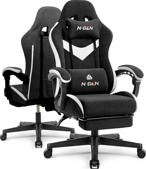 CELTOSS Black Fabric Gaming Chair with Footrest, Comfortable Computer Office Chair with Lumbar Cushion, High Back Gamer Game Chair for Adult, Reclining Video Desk Chair