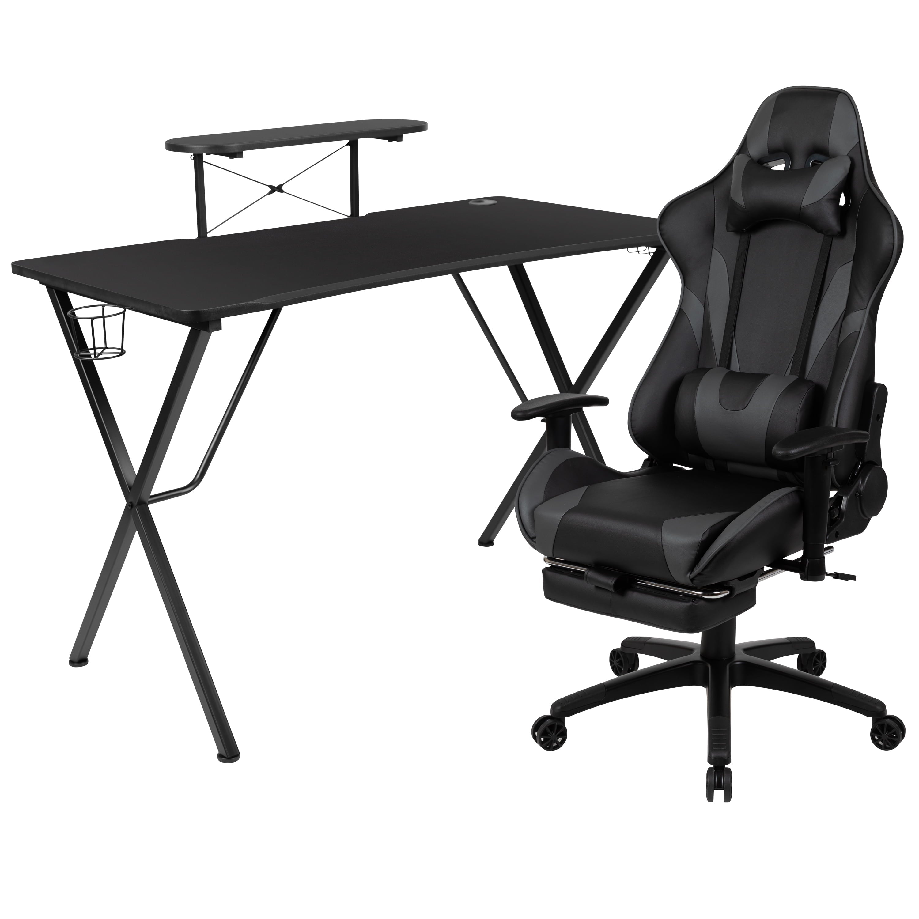 Flash Furniture Optis Black Gaming Desk with Cup Holder/Headphone Hook and Monitor/Smartphone Stand & Blue Reclining Gaming Chair with Footrest