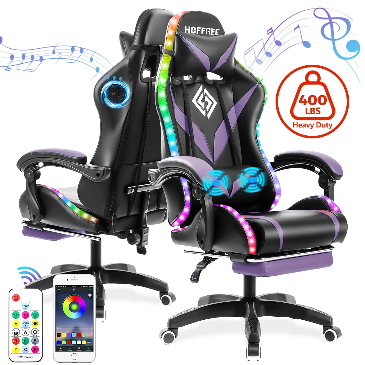 Hoffree Massage Gaming Chair with Bluetooth Speaker and RGB LED Lights, Ergonomic Video Game Chair High Back Swivel Office Recliner  Chair with Adjustable Footrest, Headrest and Lumbar Support