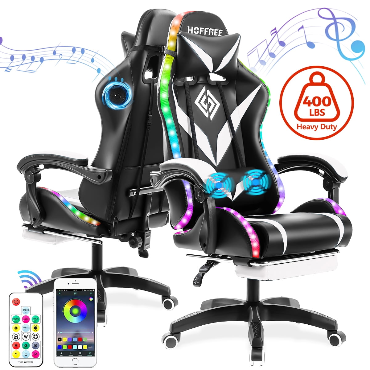 Hoffree Massage Gaming Chair with Bluetooth Speaker and RGB LED Lights, Ergonomic Video Game Chair High Back Swivel Office Recliner  Chair with Adjustable Footrest, Headrest and Lumbar Support