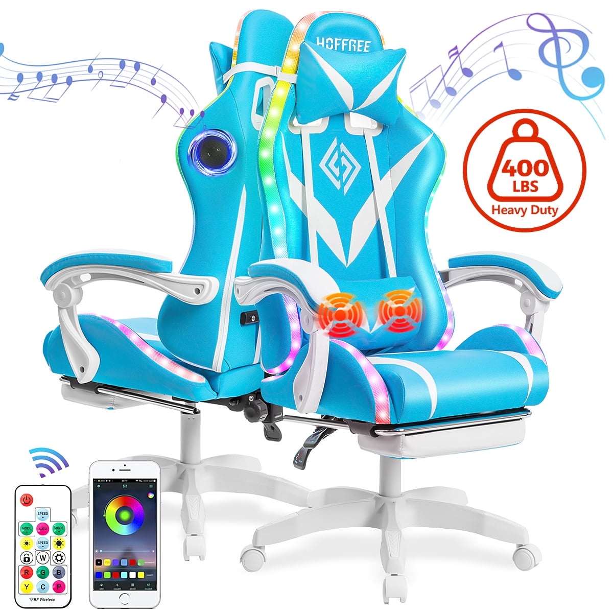 Hoffree Massage Gaming Chair with Bluetooth Speaker and RGB LED Lights, Ergonomic Video Game Chair High Back Swivel Office Recliner  Chair with Adjustable Footrest, Headrest and Lumbar Support