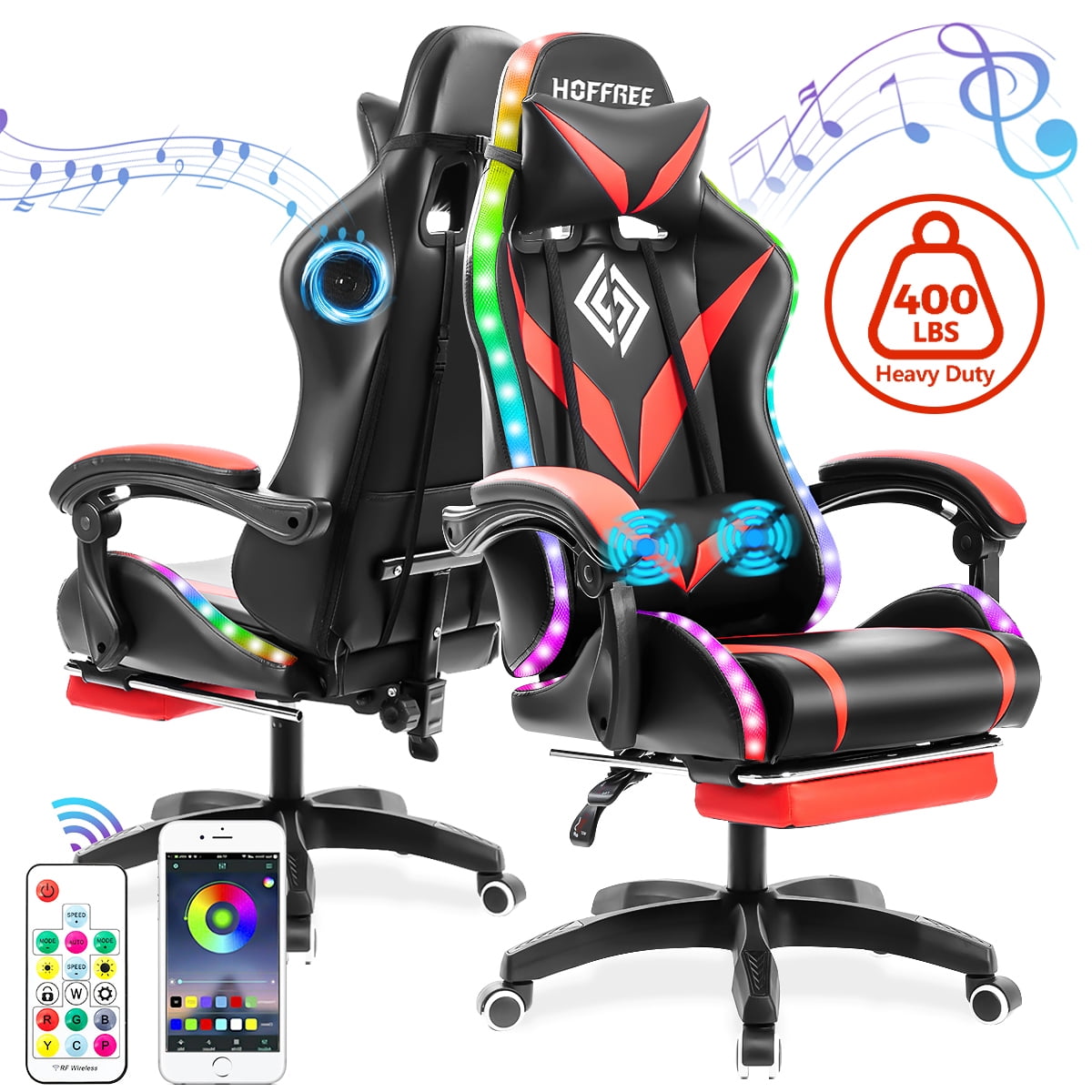 Hoffree Massage Gaming Chair with Bluetooth Speaker and RGB LED Lights, Ergonomic Video Game Chair High Back Swivel Office Recliner  Chair with Adjustable Footrest, Headrest and Lumbar Support