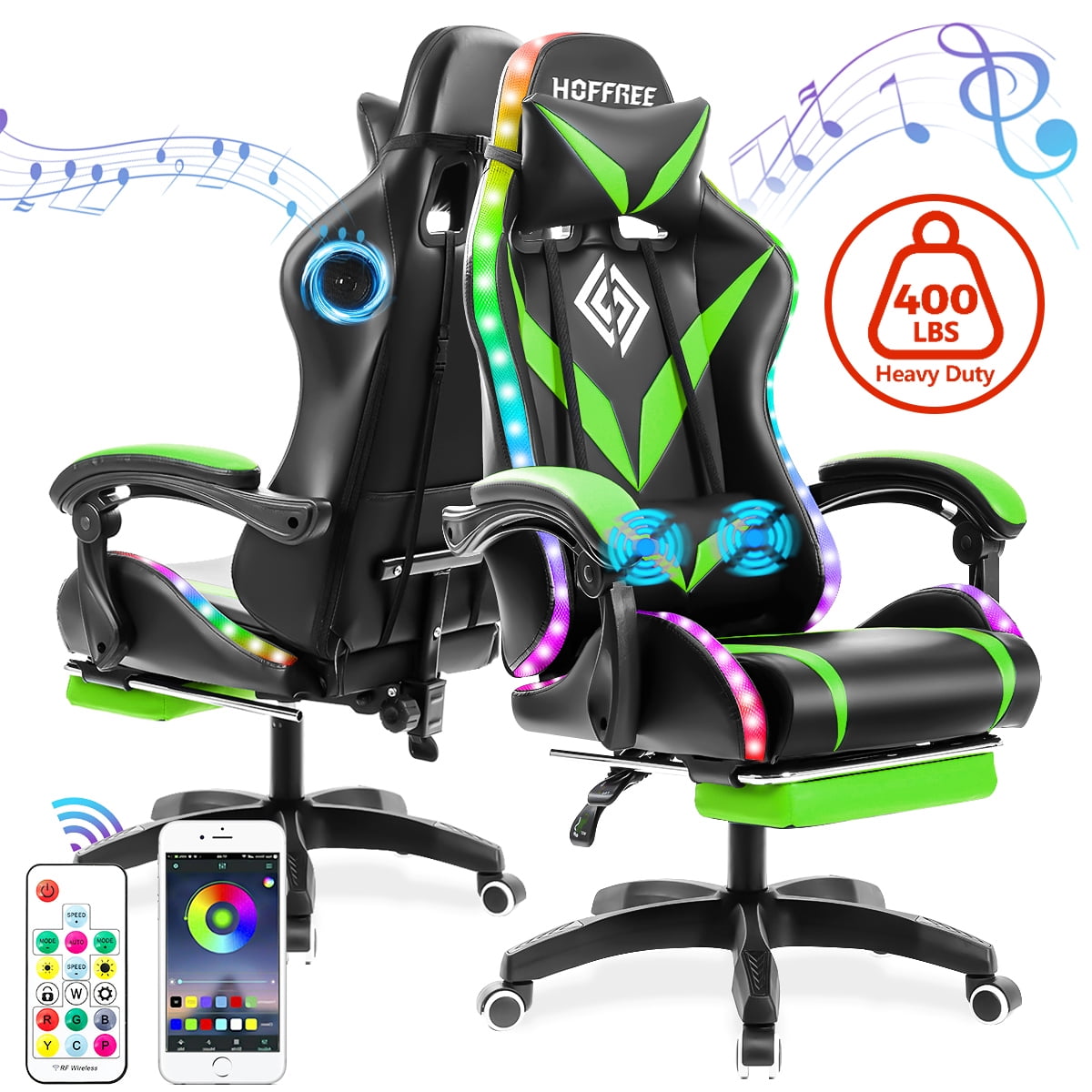 Hoffree Massage Gaming Chair with Bluetooth Speaker and RGB LED Lights, Ergonomic Video Game Chair High Back Swivel Office Recliner  Chair with Adjustable Footrest, Headrest and Lumbar Support