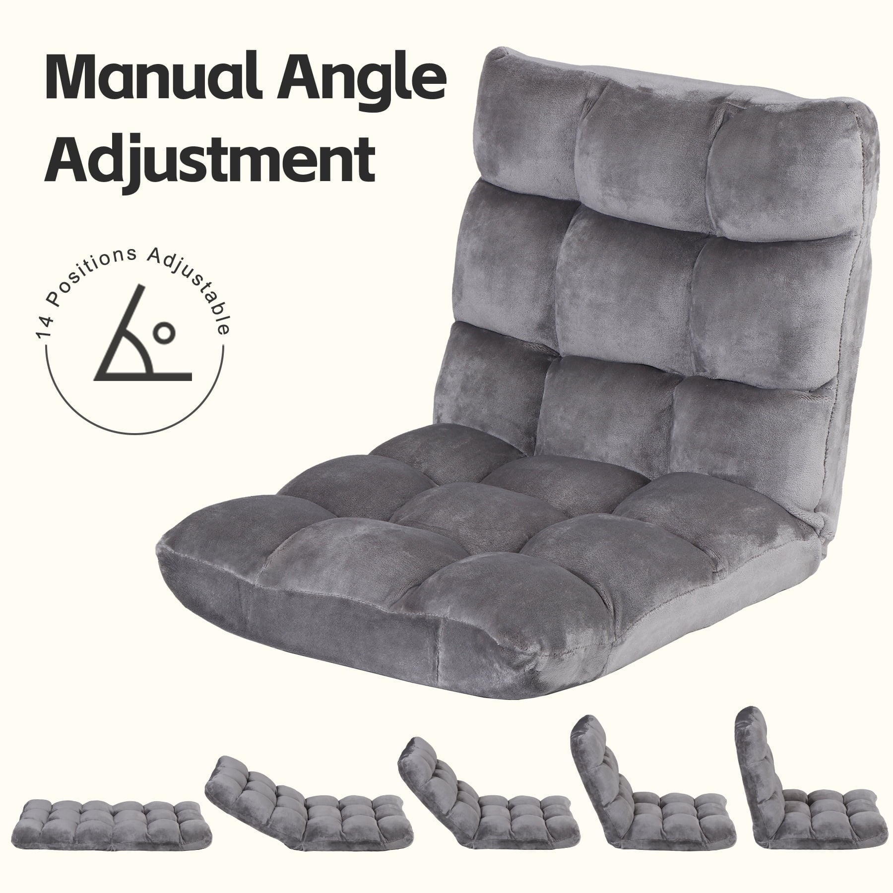 HomGarden 14-Position Adjustable Floor Chair Padded Folding Gaming Sofa Chair Grey 18.5”W x 19.3”D x 18”H