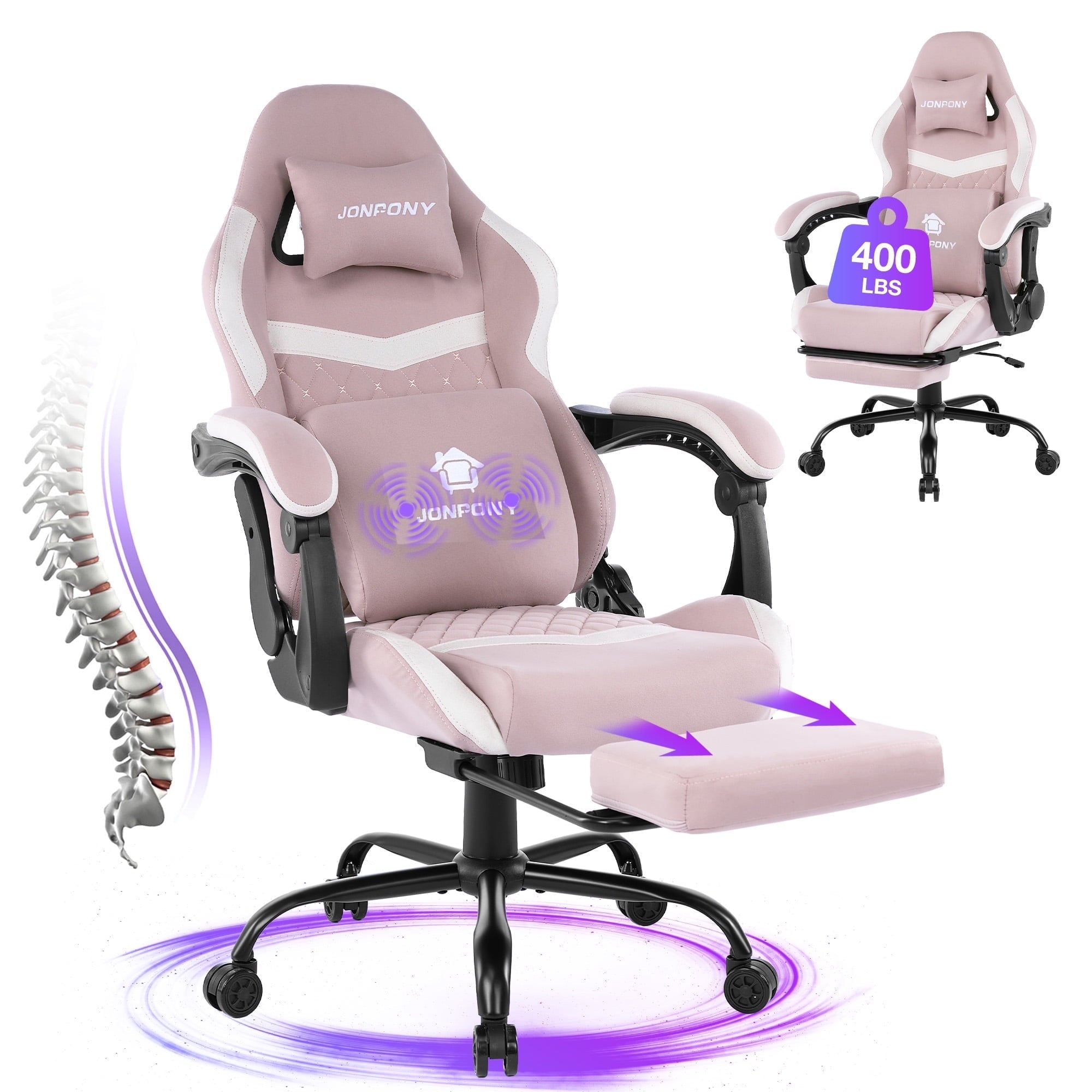 JONPONY Big and Tall Gaming Chair, Computer Chair with Footrest and Massage Lumbar Support, Height Adjustable Game Chair with Headrest and Swivel Seat，GREY