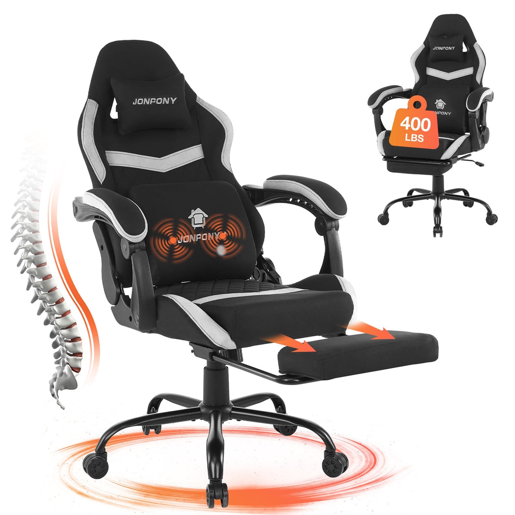 JONPONY Big and Tall Gaming Chair, Computer Chair with Footrest and Massage Lumbar Support, Height Adjustable Game Chair with Headrest and Swivel Seat，GREY