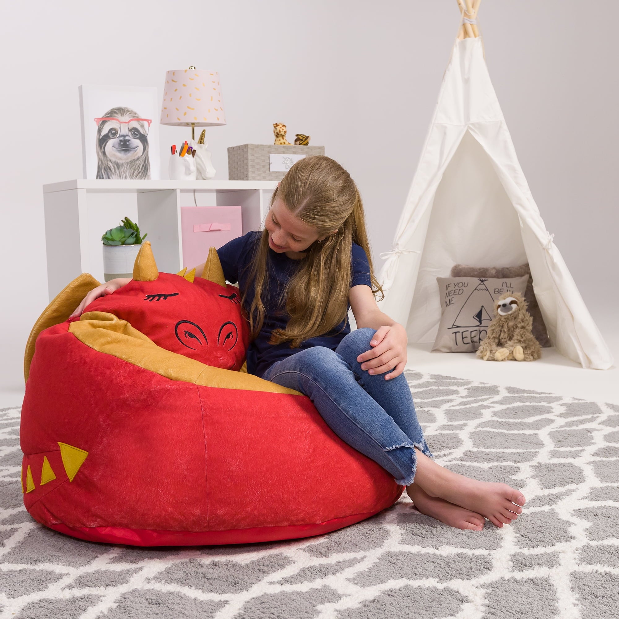 Posh Creations Cute Soft Bean Bag Chair for Kids, Furry, 2.5ft, Large, Animal - White Unicorn
