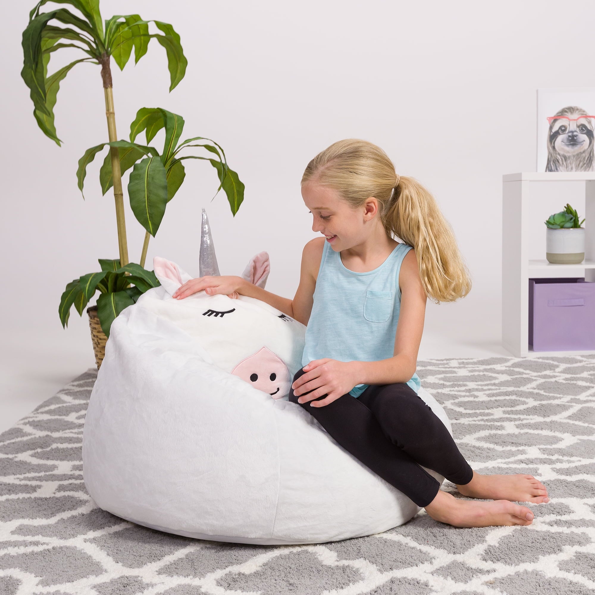 Posh Creations Cute Soft Bean Bag Chair for Kids, Furry, 2.5ft, Large, Animal - White Unicorn