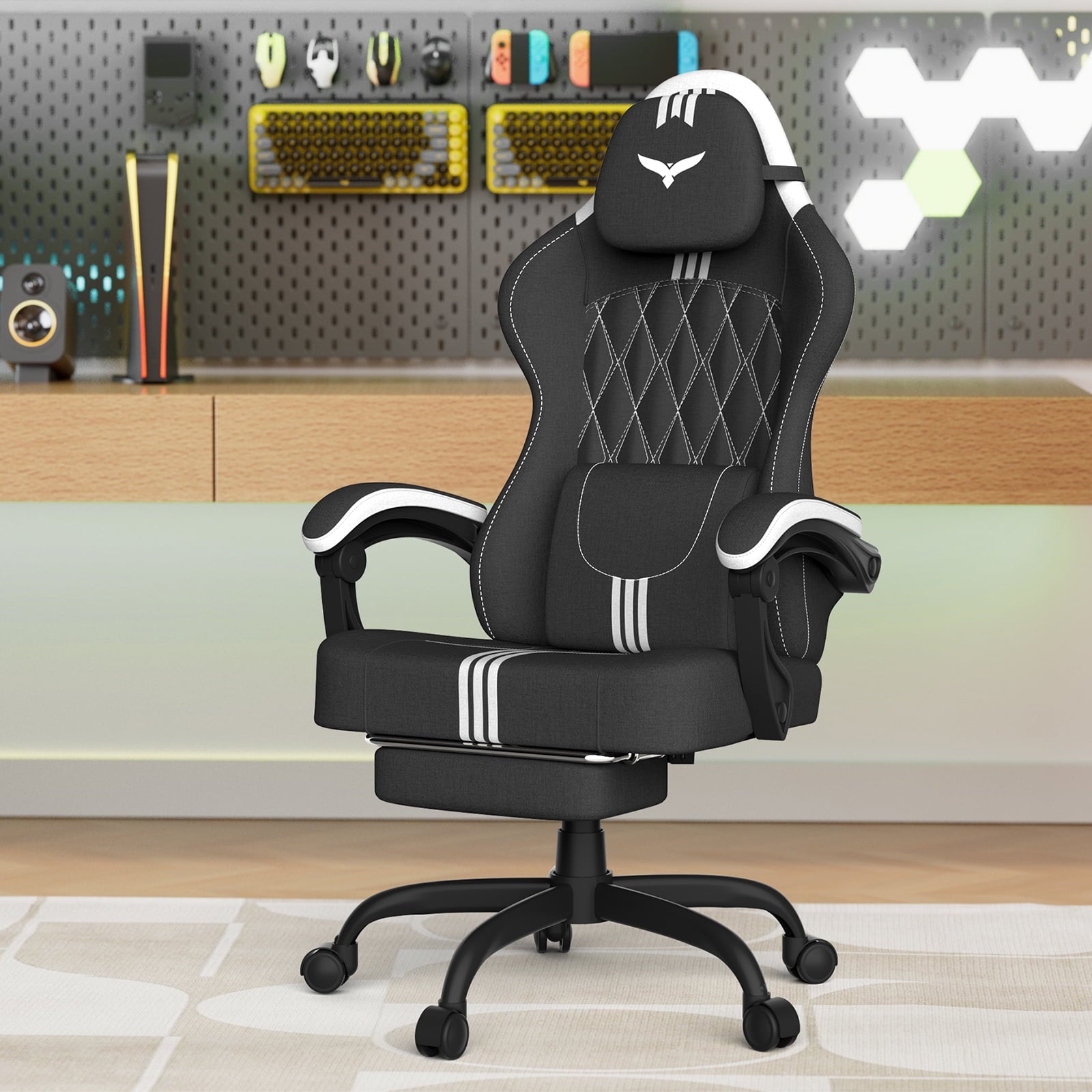 SOONTRANS Ergonomic Gaming Chair with Footrest, Adult Office Chair with Pocket Spring Cushion, Comfortable Gamer Game with Massage Lumbar Cushion Linen Fabric, Reclining Computer Chair, Grey & White