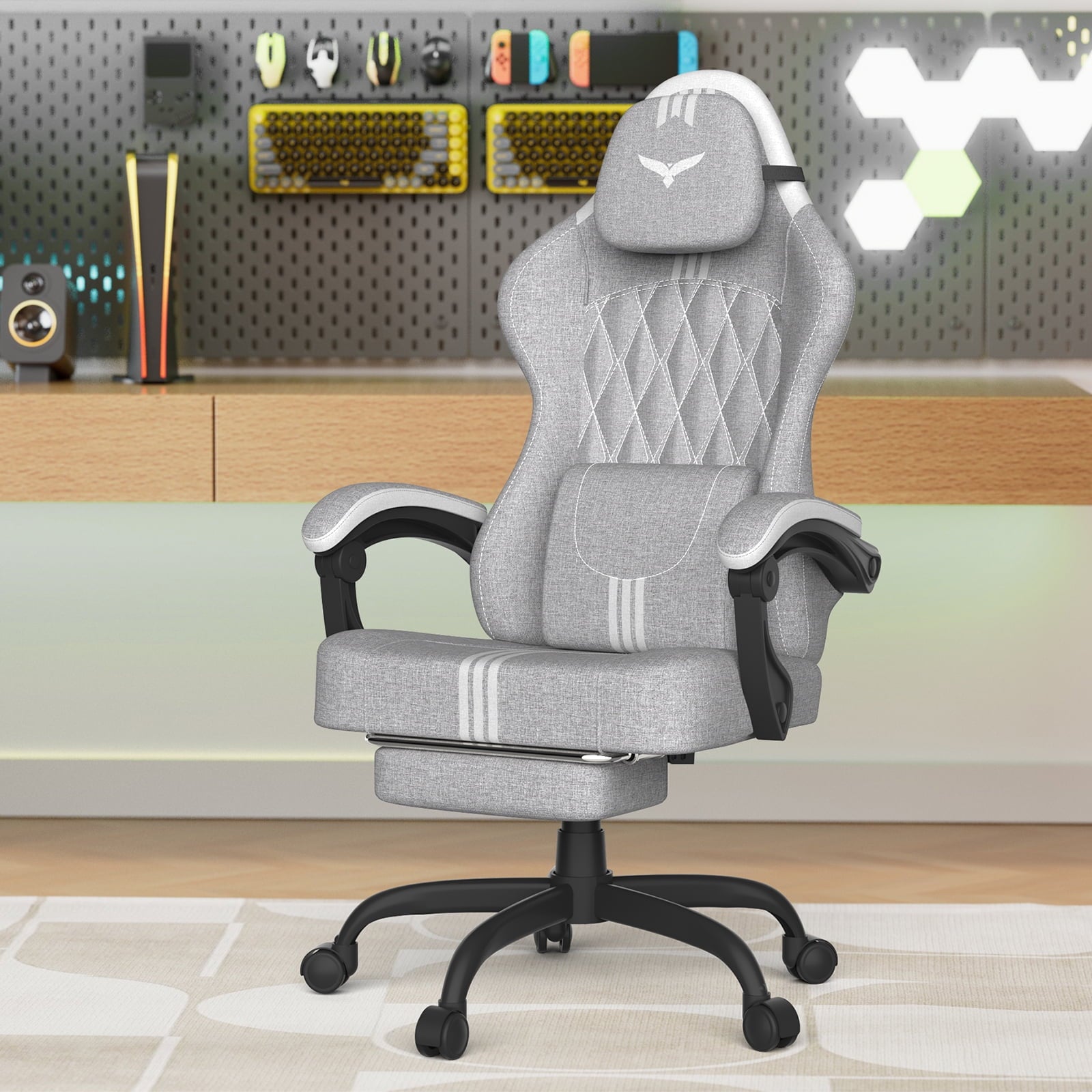 SOONTRANS Ergonomic Gaming Chair with Footrest, Adult Office Chair with Pocket Spring Cushion, Comfortable Gamer Game with Massage Lumbar Cushion Linen Fabric, Reclining Computer Chair, Grey & White