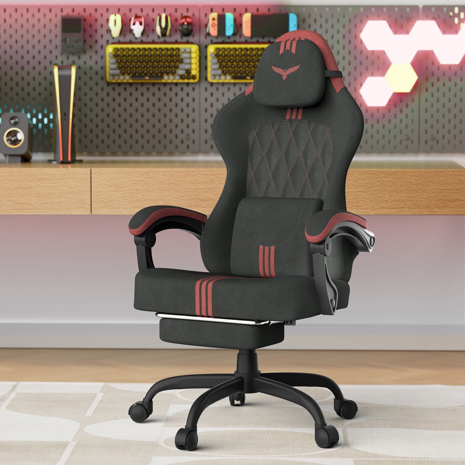 SOONTRANS Ergonomic Gaming Chair with Footrest, Adult Office Chair with Pocket Spring Cushion, Comfortable Gamer Game with Massage Lumbar Cushion Linen Fabric, Reclining Computer Chair, Grey & White