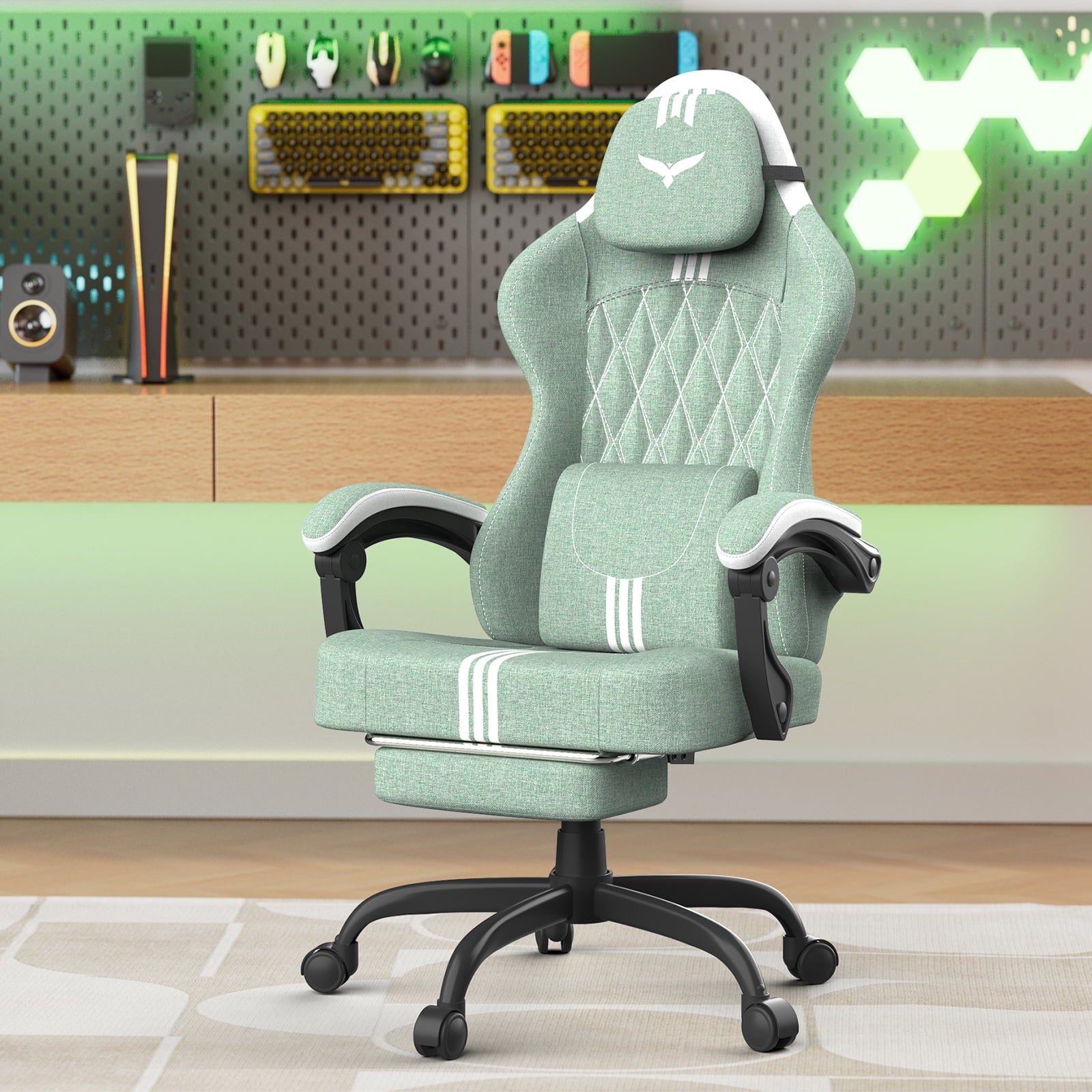 SOONTRANS Ergonomic Gaming Chair with Footrest, Adult Office Chair with Pocket Spring Cushion, Comfortable Gamer Game with Massage Lumbar Cushion Linen Fabric, Reclining Computer Chair, Grey & White