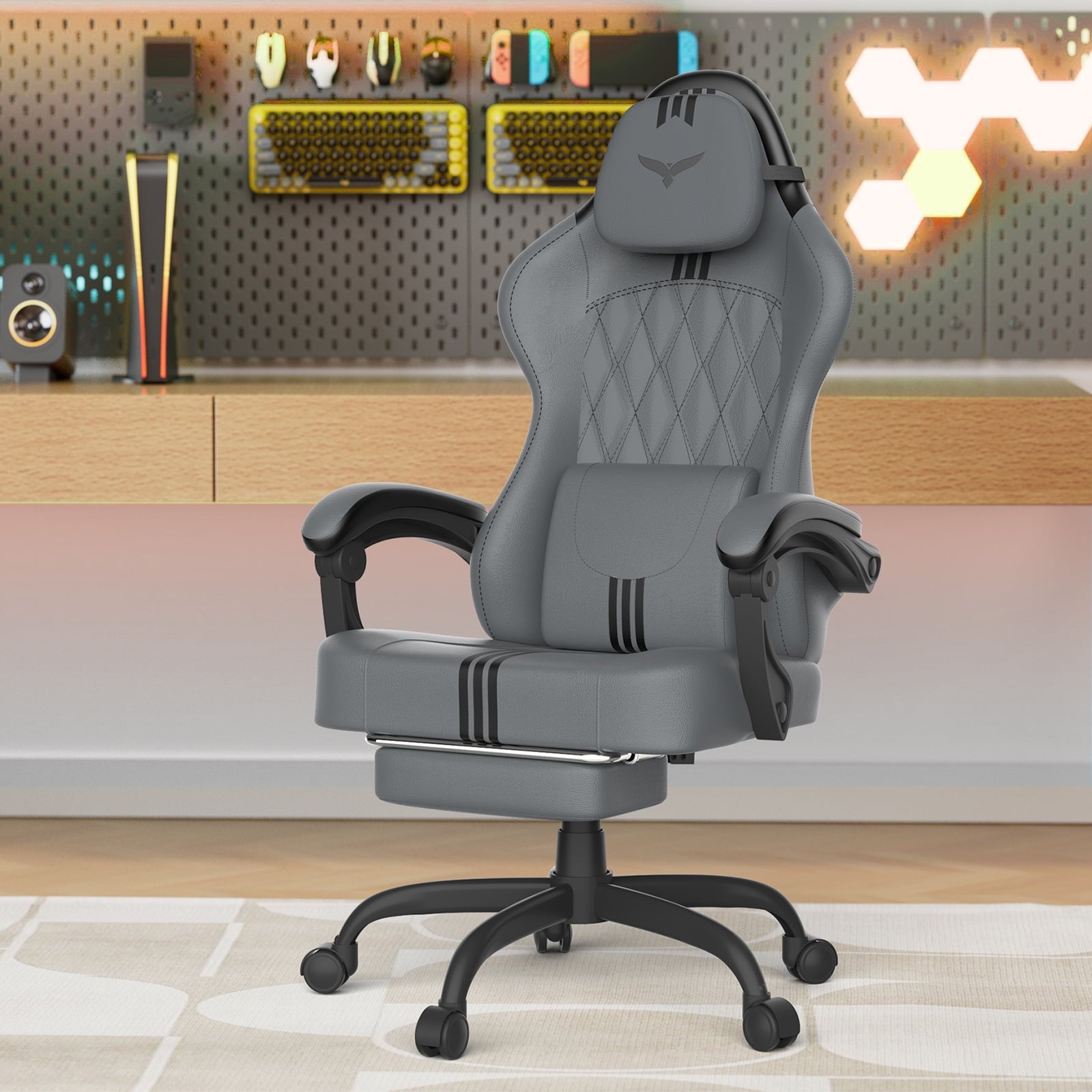 SOONTRANS Ergonomic Gaming Chair with Footrest, Adult Office Chair with Pocket Spring Cushion, Comfortable Gamer Game with Massage Lumbar Cushion Linen Fabric, Reclining Computer Chair, Grey & White
