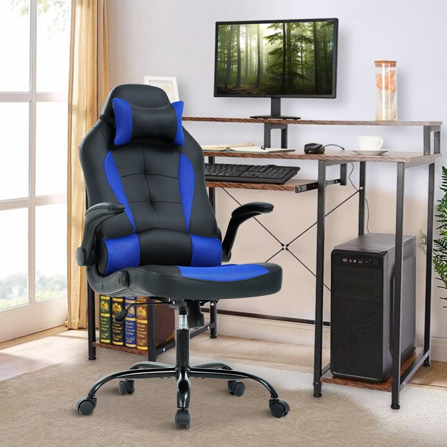 YRLLENSDAN Reclining Racing Gaming Chair with Lumbar Support, Leather Ergonomic Office Chair with Flip-up Armrest, Adjustable Computer Desk Chairs for Adults With Headrest., Blue