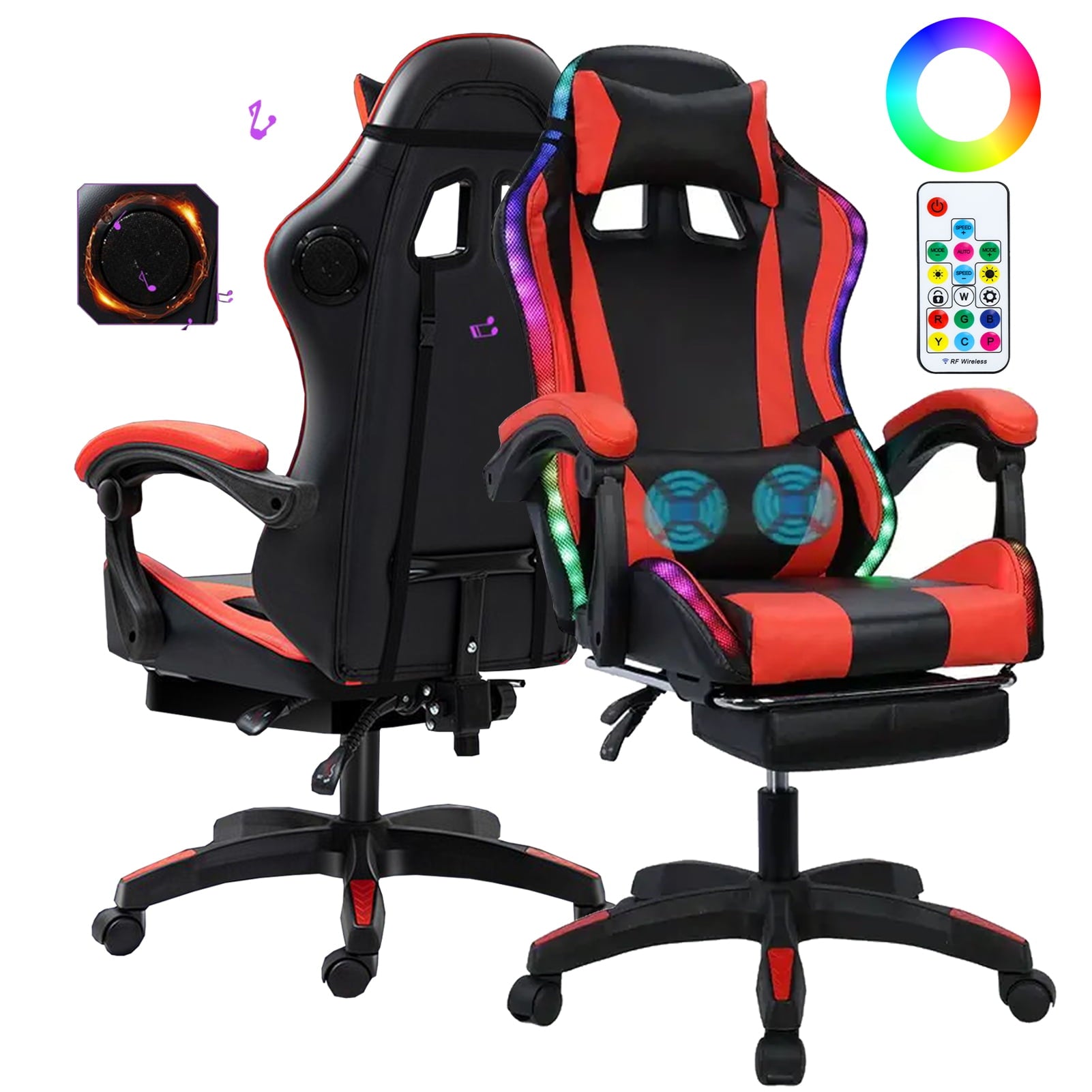 Zksm Gaming Chair with Speakers Lights Footrest Video Game Chair Bluetooth RGB Height Adjustable Ergonomic Computer Office Desk Chair Black Red