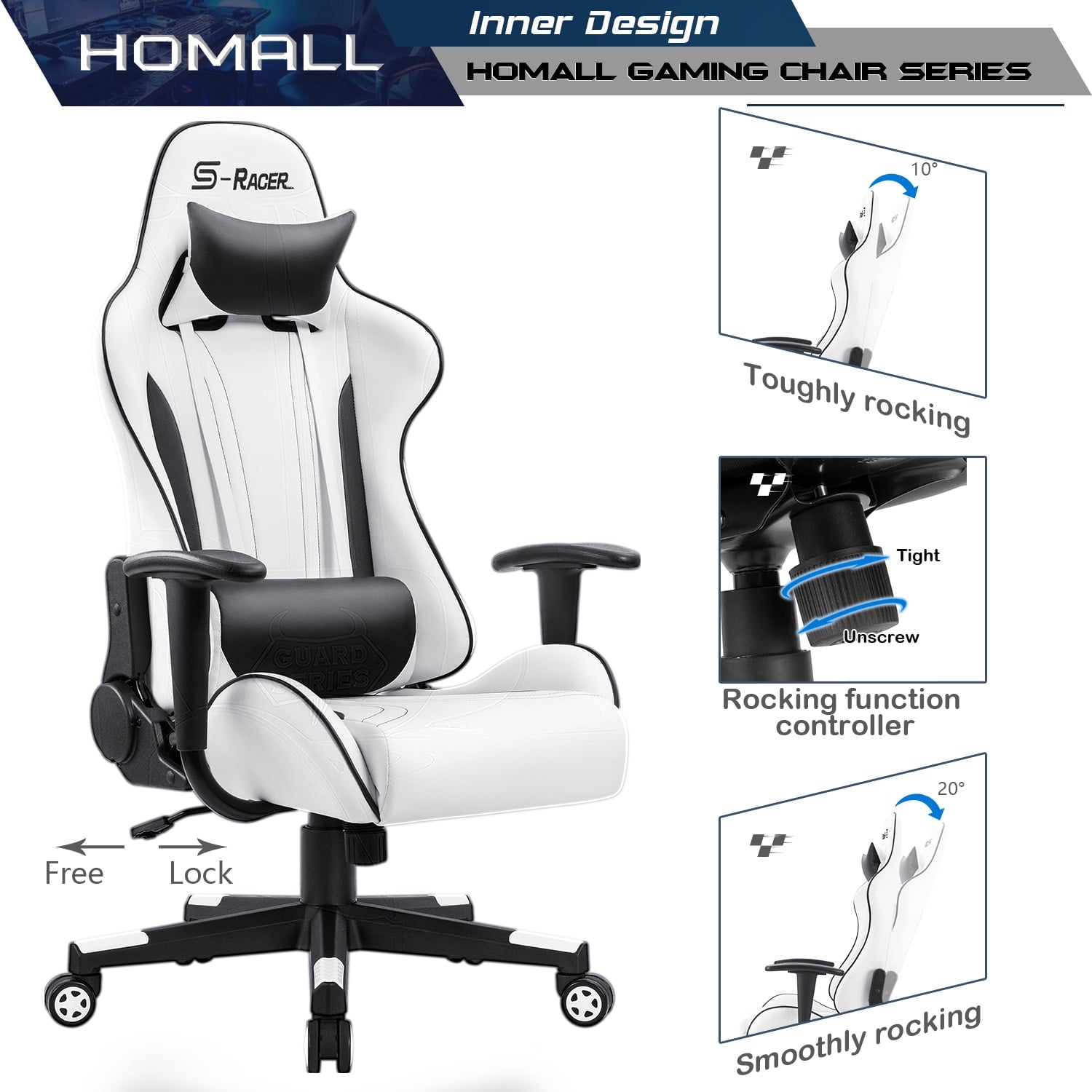 Homall Gaming Chair Sracer Rocking Chair High Back Racing Office Chair Computer Desk Chair PU Leather Executive and Ergonomic Swivel Chair, White