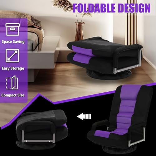 Swivel Gaming Chair Multipurpose Floor Gaming Chair for Playing Video Games, TV, Reading w/Armrest Lumbar Support & 6 Adjustable Postion Backrest for Adults & Kids,Purple