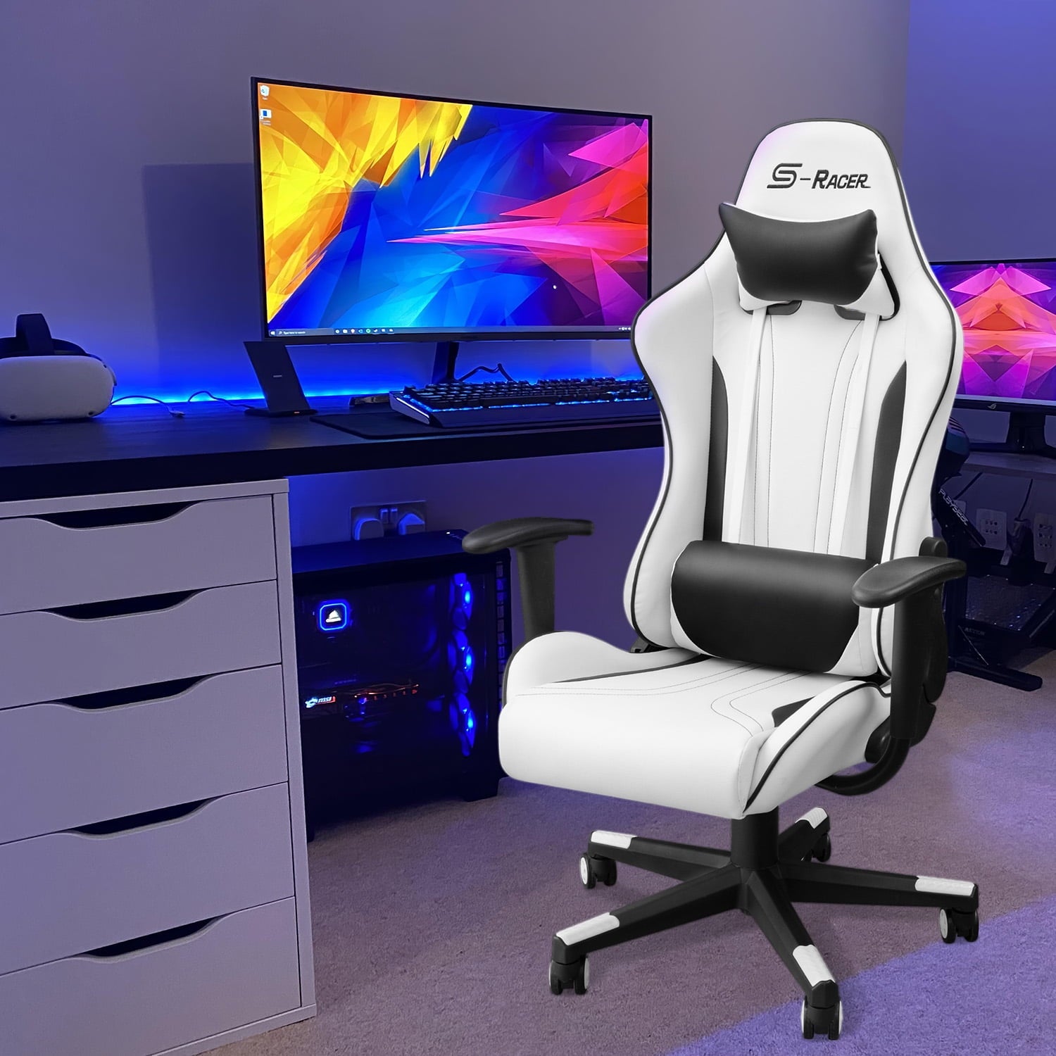 Homall Gaming Chair Sracer Rocking Chair High Back Racing Office Chair Computer Desk Chair PU Leather Executive and Ergonomic Swivel Chair, White
