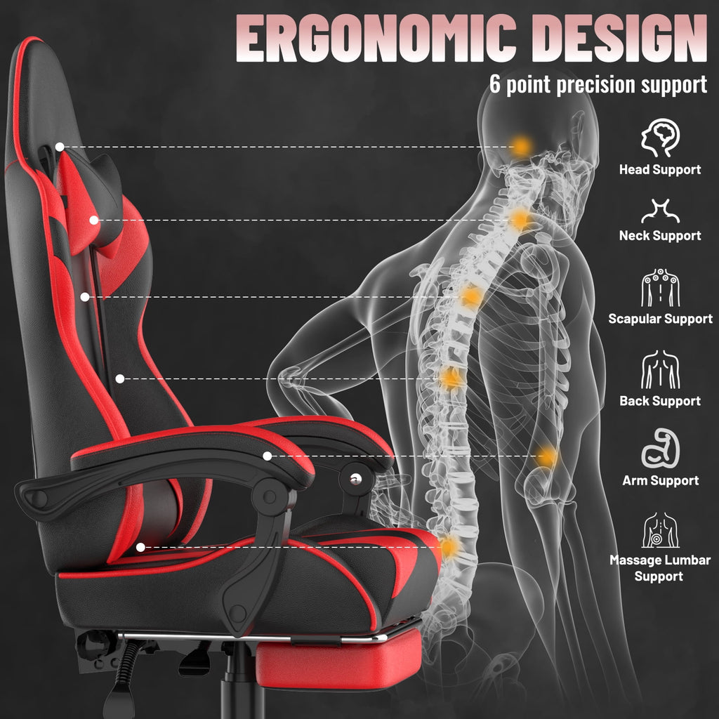 SOONTRANS Gaming Chair, High Back PU Leather Gamer Chair Game with Massage & Footrest, Reclining Ergonomic Computer Office Chair for Adults, Racing Style Video Game Chair, Red