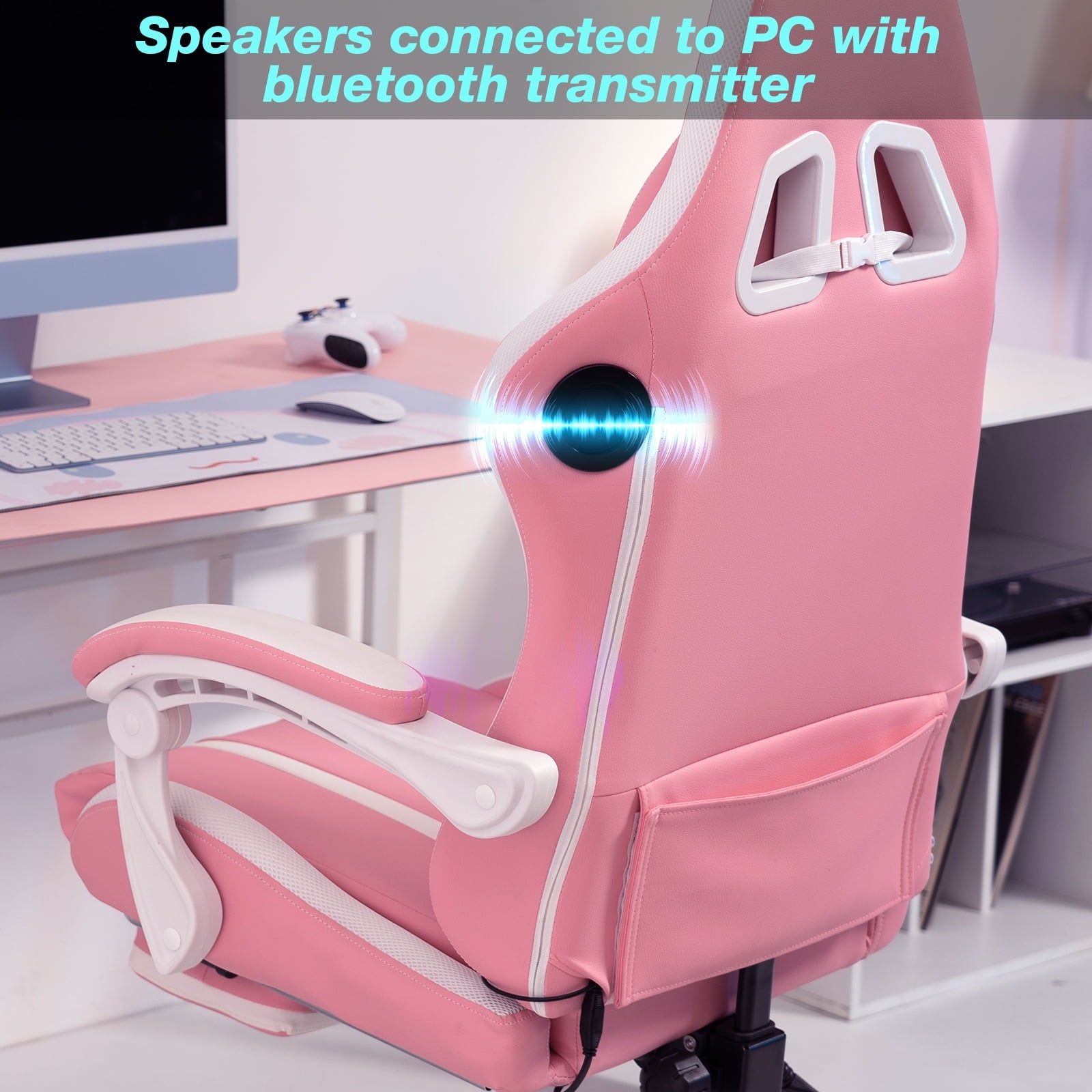 Hoffree Big and Tall Gaming Chair with Speakers Massage Office Chair Adjustable Lumbar Support Linkage Armrest for Home Office