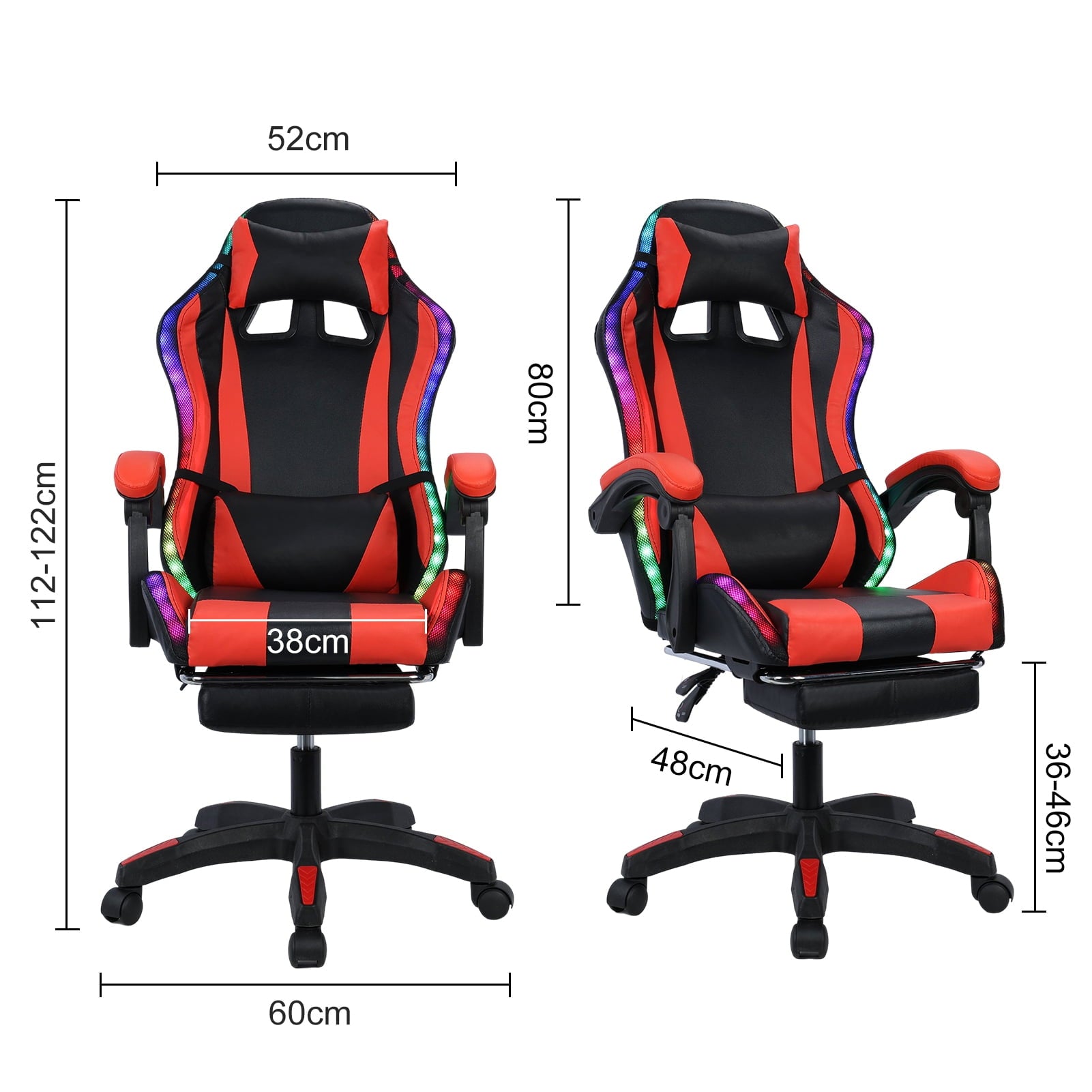 Zksm Gaming Chair with Speakers Lights Footrest Video Game Chair Bluetooth RGB Height Adjustable Ergonomic Computer Office Desk Chair Black Red