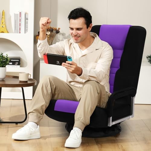 Swivel Gaming Chair Multipurpose Floor Gaming Chair for Playing Video Games, TV, Reading w/Armrest Lumbar Support & 6 Adjustable Postion Backrest for Adults & Kids,Purple