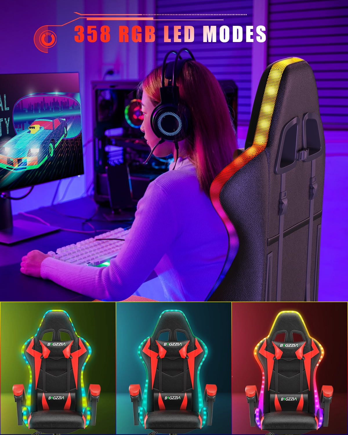 Bigzzia Gaming Chair with LED Lights,Ergonomic Office Computer Chair with Headrest Support, PU Leather, Height Adjustable, 360° Swivel, Suitable for Adults and Kids, Red