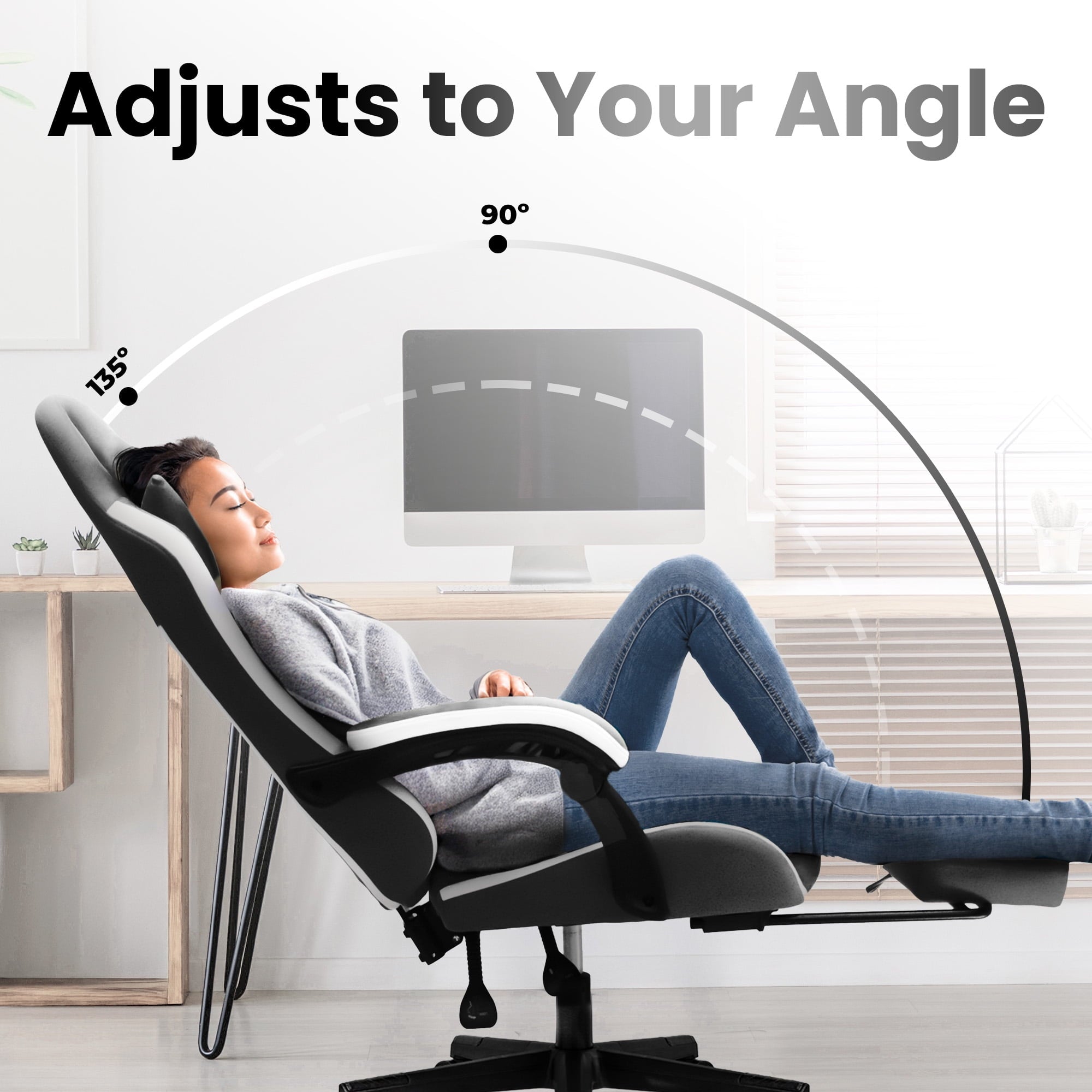 CELTOSS Black Fabric Gaming Chair with Footrest, Comfortable Computer Office Chair with Lumbar Cushion, High Back Gamer Game Chair for Adult, Reclining Video Desk Chair