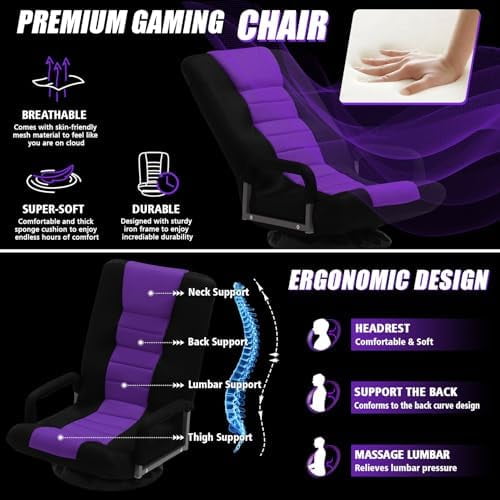 Swivel Gaming Chair Multipurpose Floor Gaming Chair for Playing Video Games, TV, Reading w/Armrest Lumbar Support & 6 Adjustable Postion Backrest for Adults & Kids,Purple