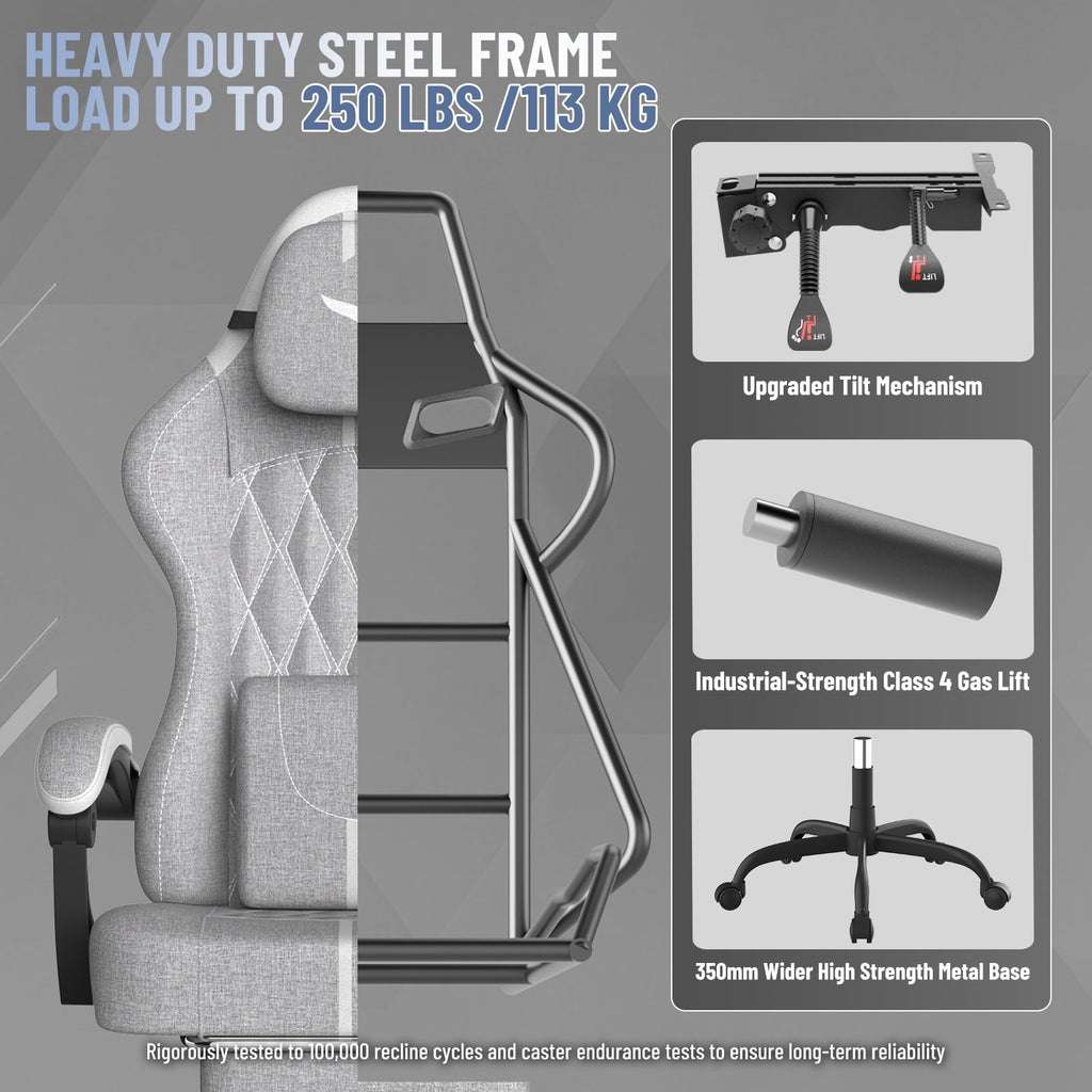 SOONTRANS Ergonomic Gaming Chair with Footrest, Adult Office Chair with Pocket Spring Cushion, Comfortable Gamer Game with Massage Lumbar Cushion Linen Fabric, Reclining Computer Chair, Grey & White