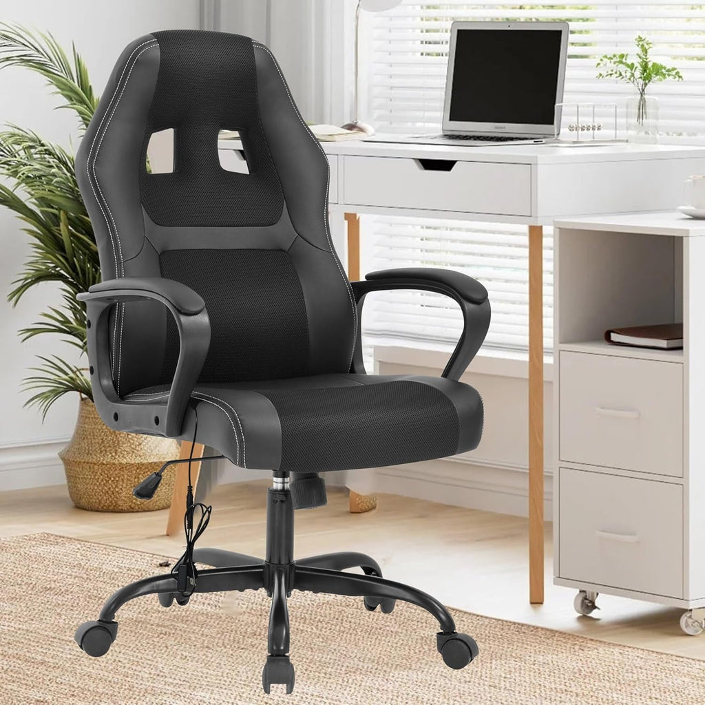 PayLessHere Black Gaming Chair - Ergonomic PU Leather w/Lumbar Support & Headrest